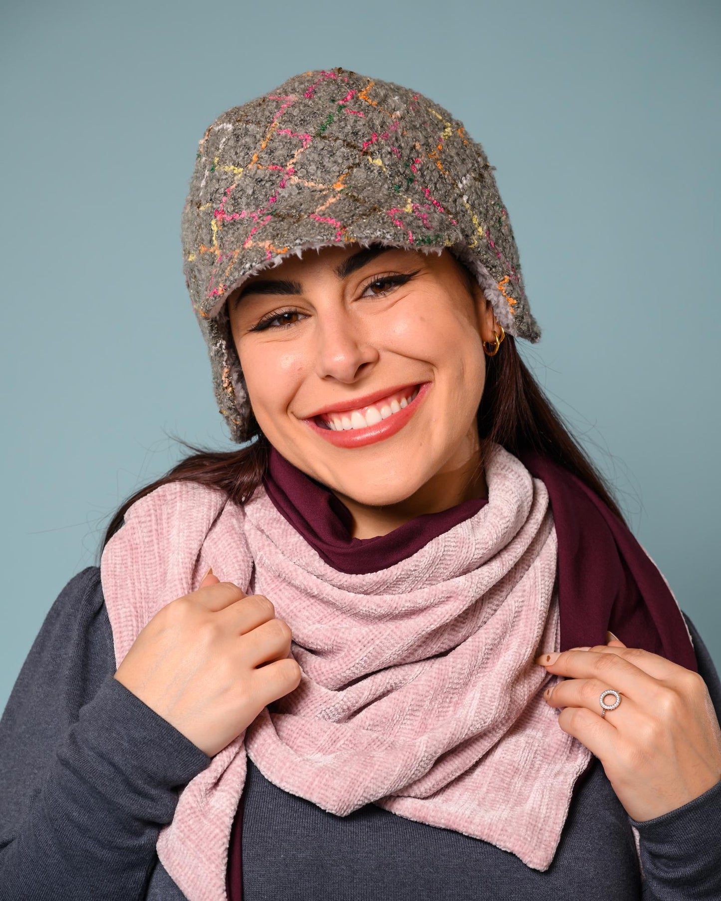 Squasht Darby Earflap Hat in Light Gray Boucle with Squiggly Pattern