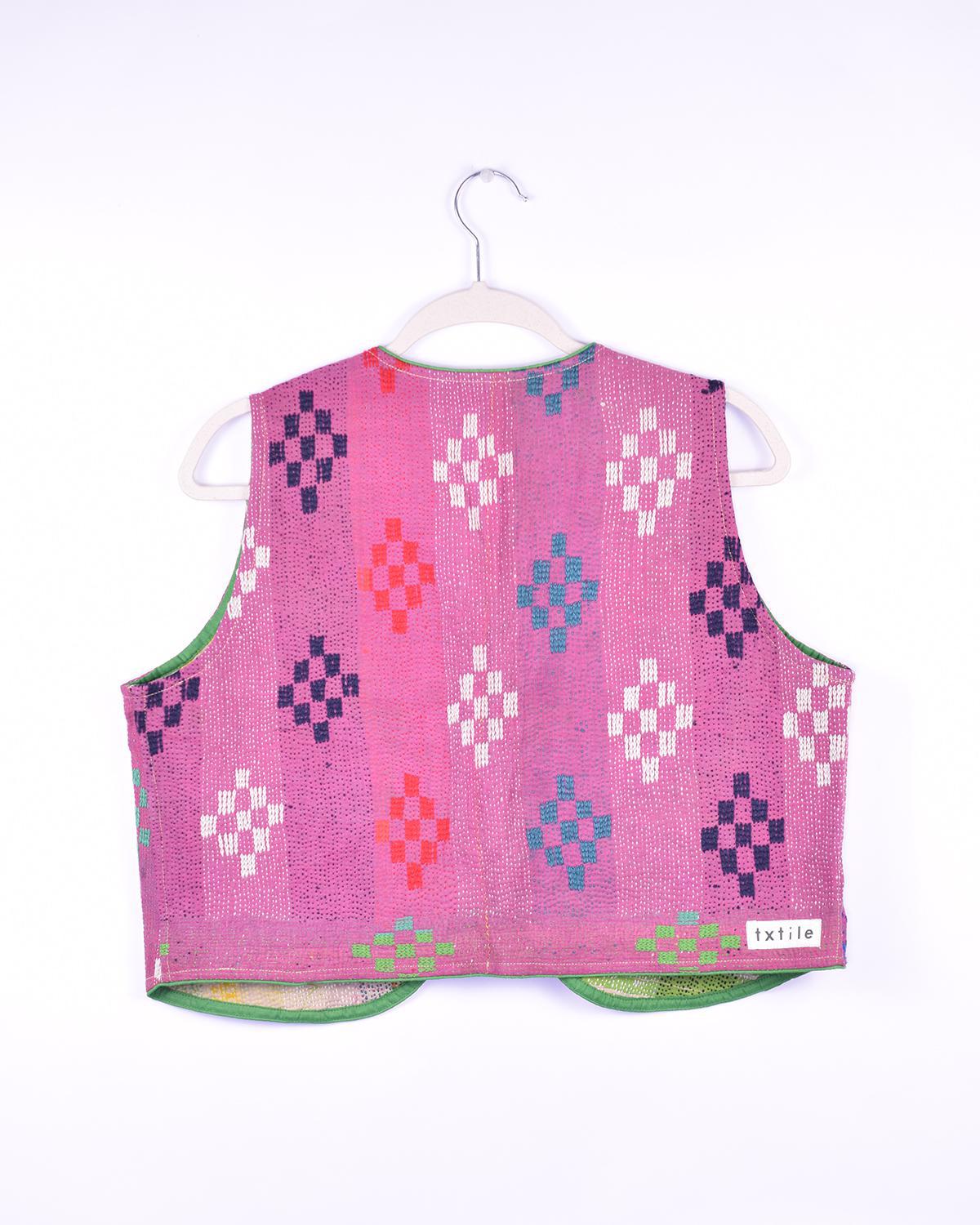 Txtile Maddie Quilted Reversible Patchwork Kantha Quilt Vest in Fushcia Geo