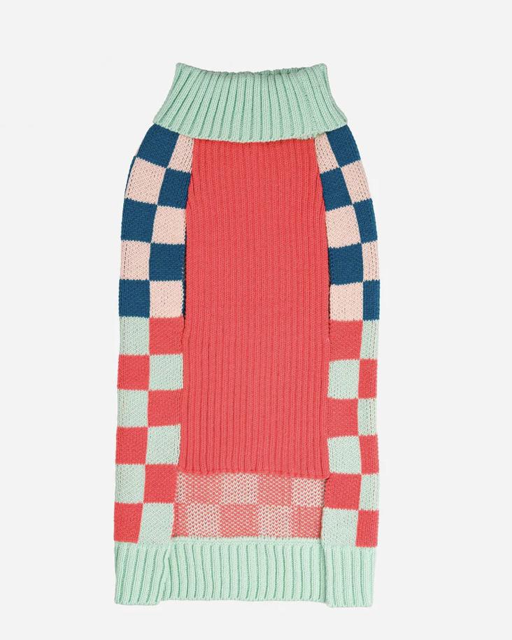 Verloop Checkerboard Dog Sweater - Melon Jade - Size Medium, Large