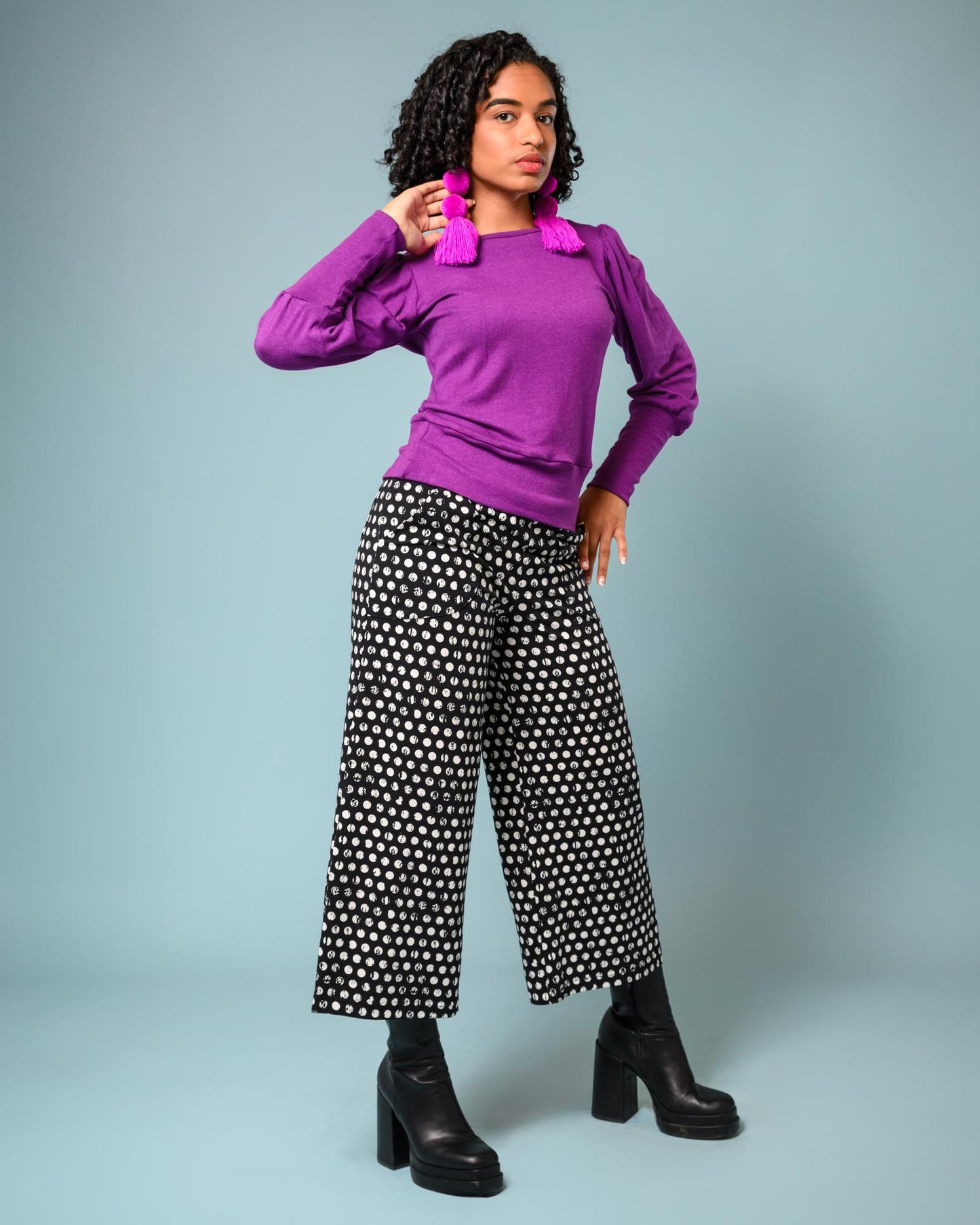 Squasht Wide Leg Pants (Cropped) in Black & White Distressed Polka Dots