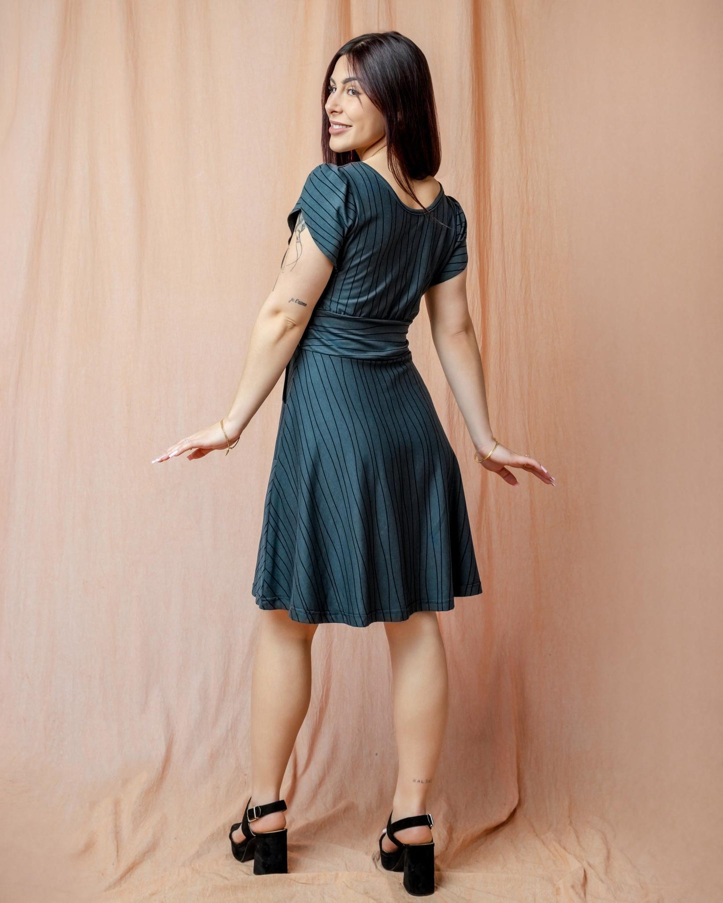 Squasht Petal Sleeve Dress in Gray Lines Print