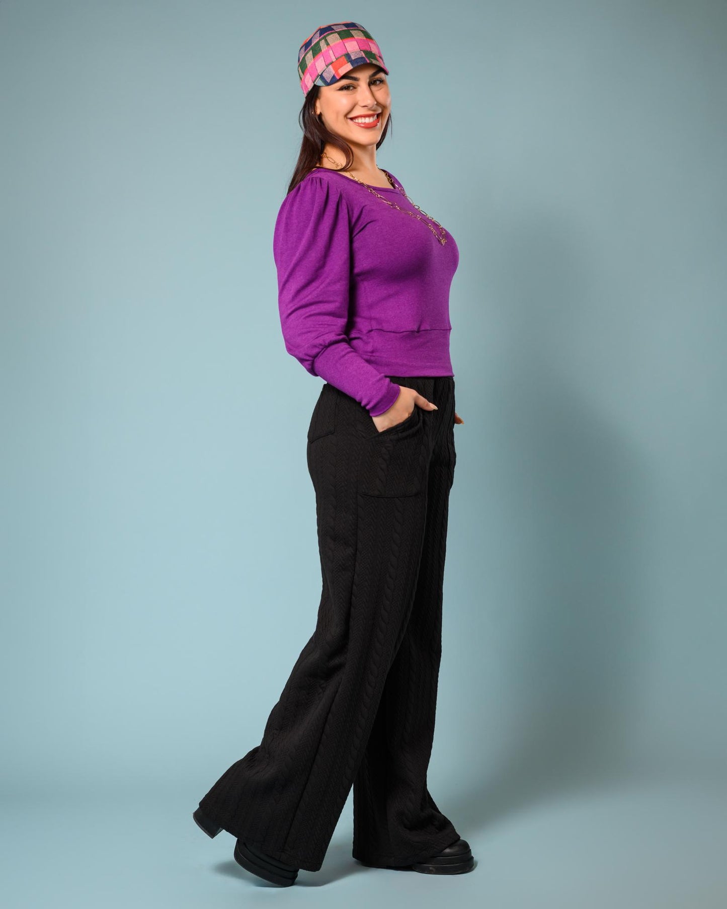 Squasht Wide Leg Long Length Pants in Solid Black with Rope Texture