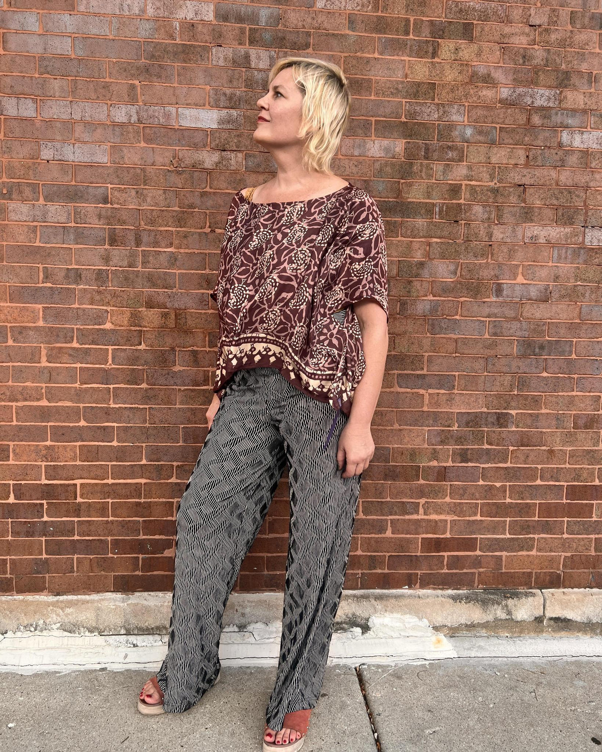 Indie Ella Tessa Flowy Silk Top in Plum and Cream Batik Print