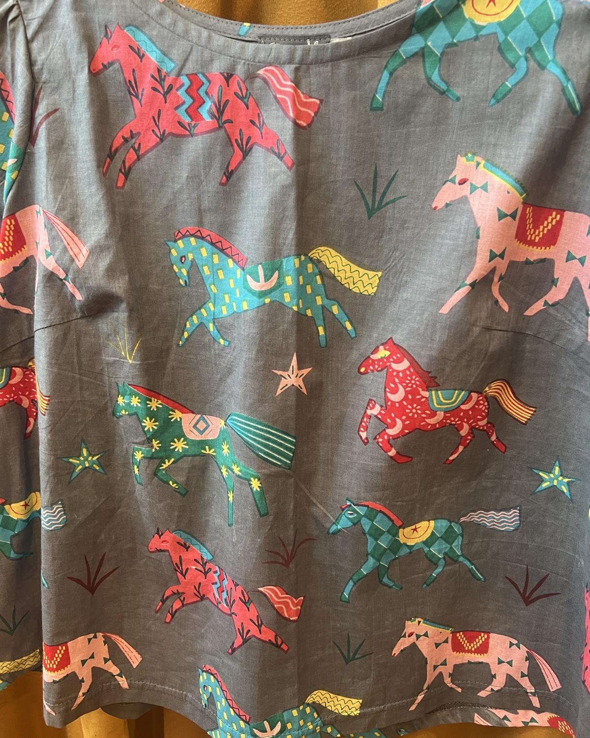 Squasht Puff Sleeve Top in Gray Horses Print