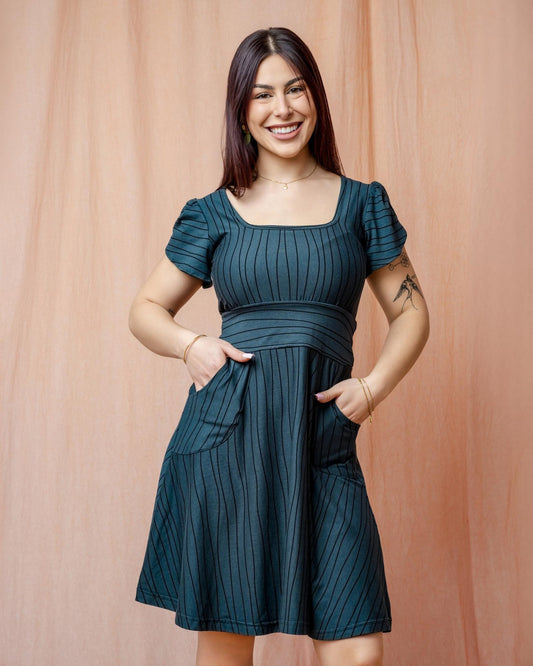 Squasht Petal Sleeve Dress in Gray Lines Print