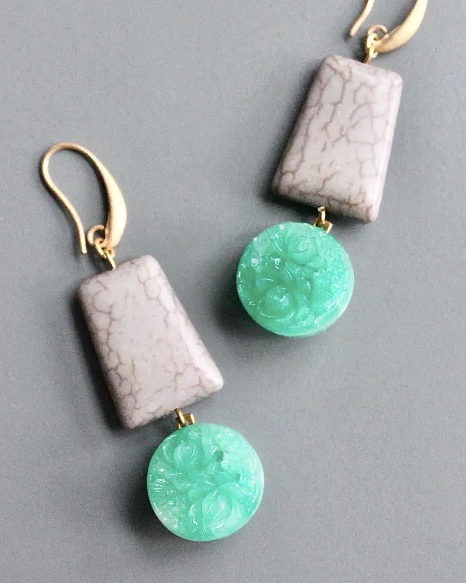 David Aubrey Vintage Green Glass and Grey Magnesite Earrings