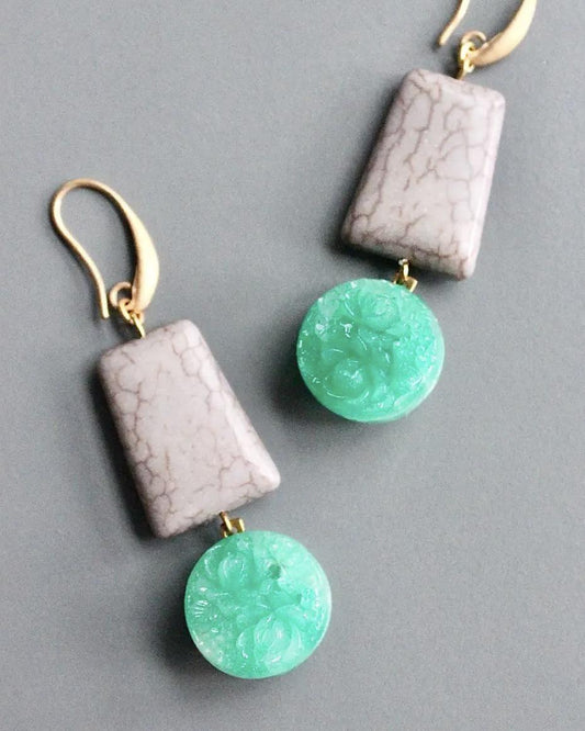 David Aubrey Vintage Green Glass and Grey Magnesite Earrings