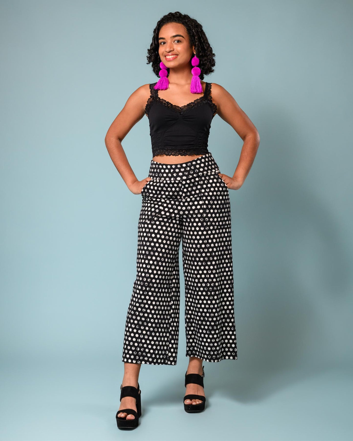 Squasht Wide Leg Pants (Cropped) in Black & White Distressed Polka Dots