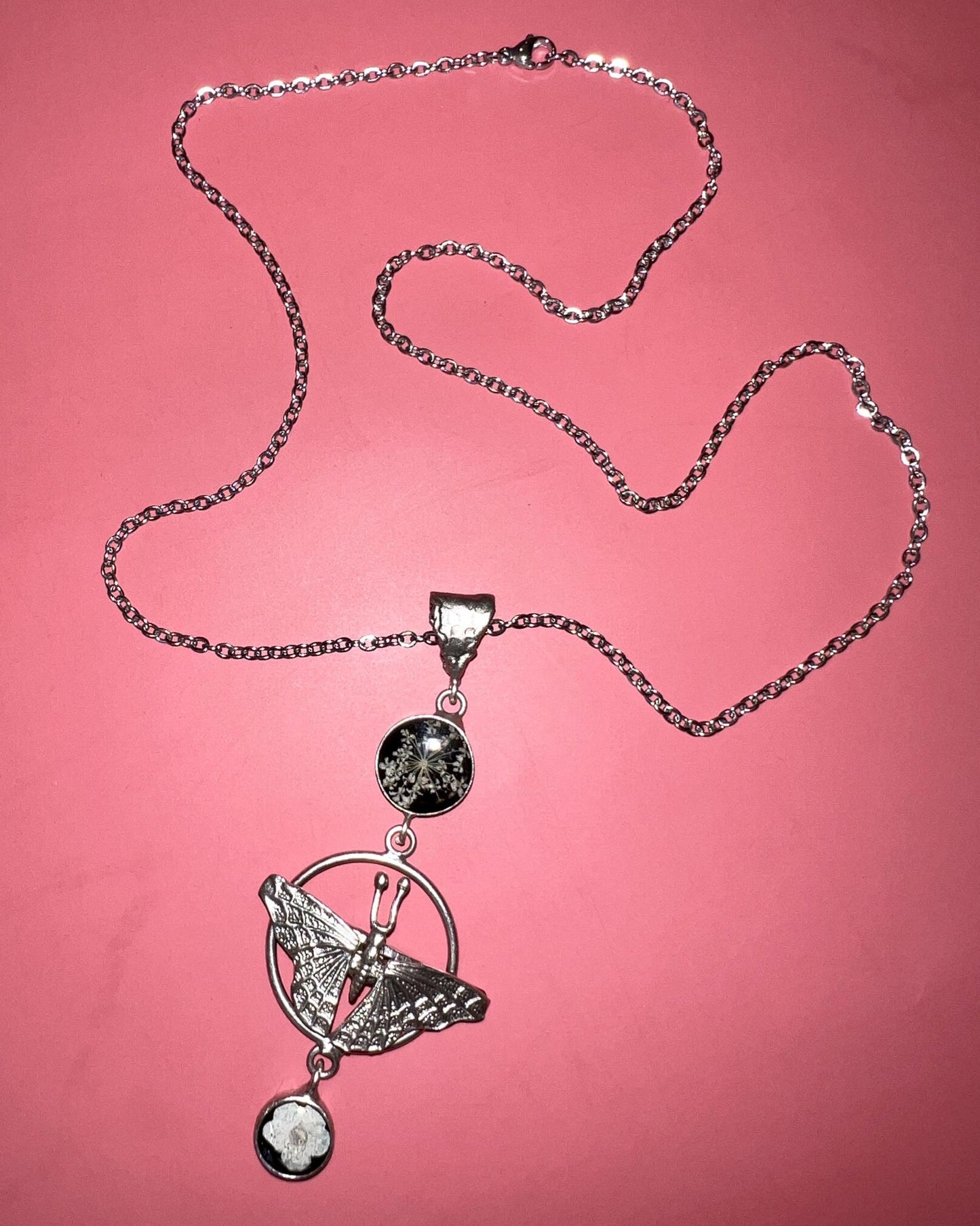 Pajaro Negro Butterfly and Floral Necklace in a Wax Sealed Box