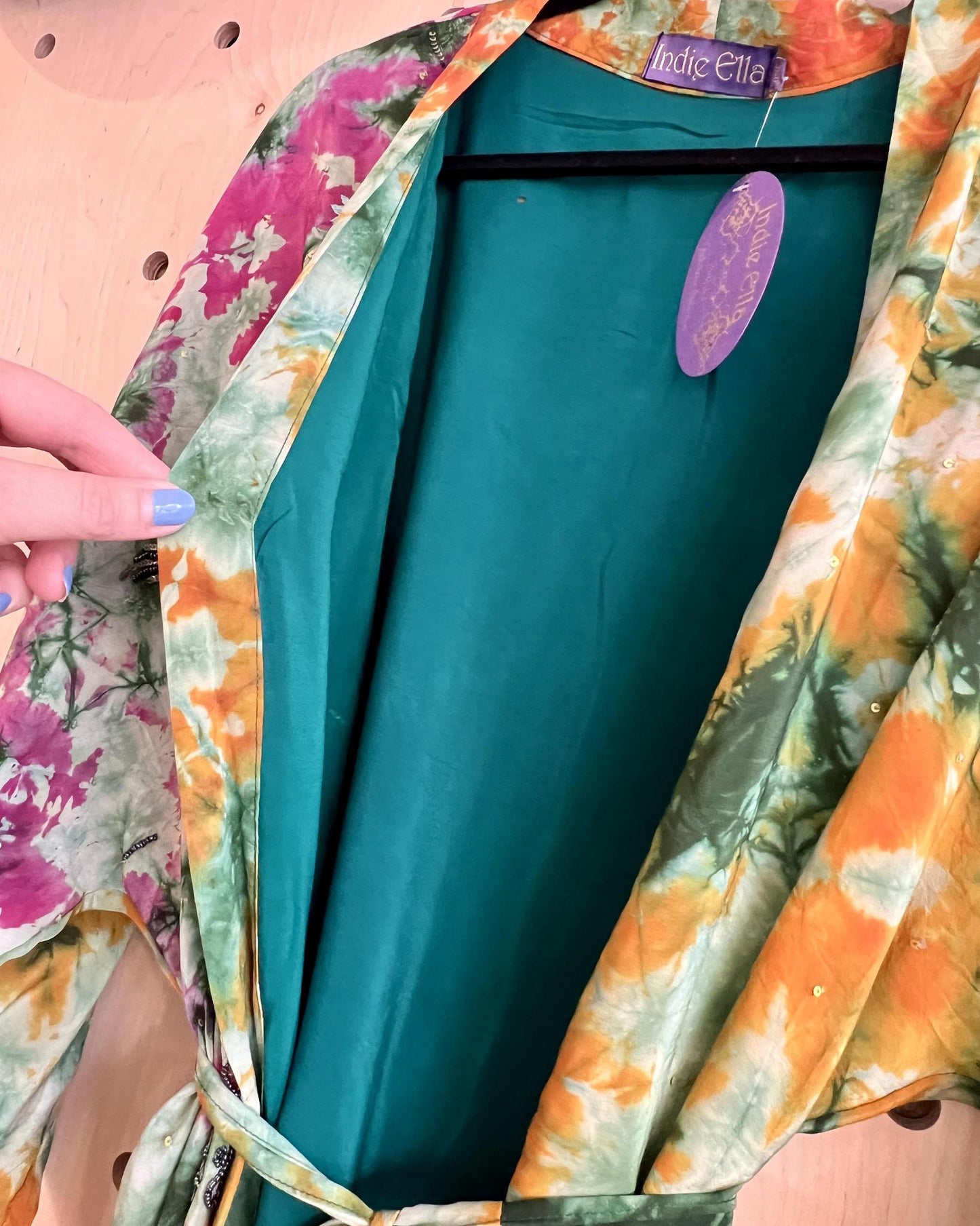 Indie Ella Double Flannery Lined Crepe Silk Kimono in Pink & Green Tie Dye