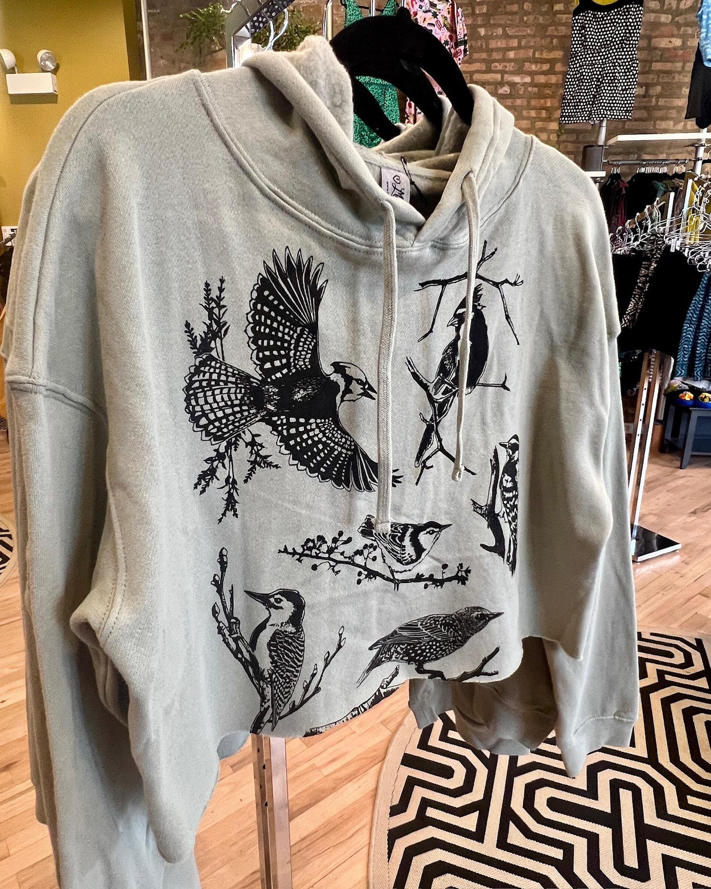Mad Love Sea Foam Crop Hoodie With Backyard Birds - Size Large