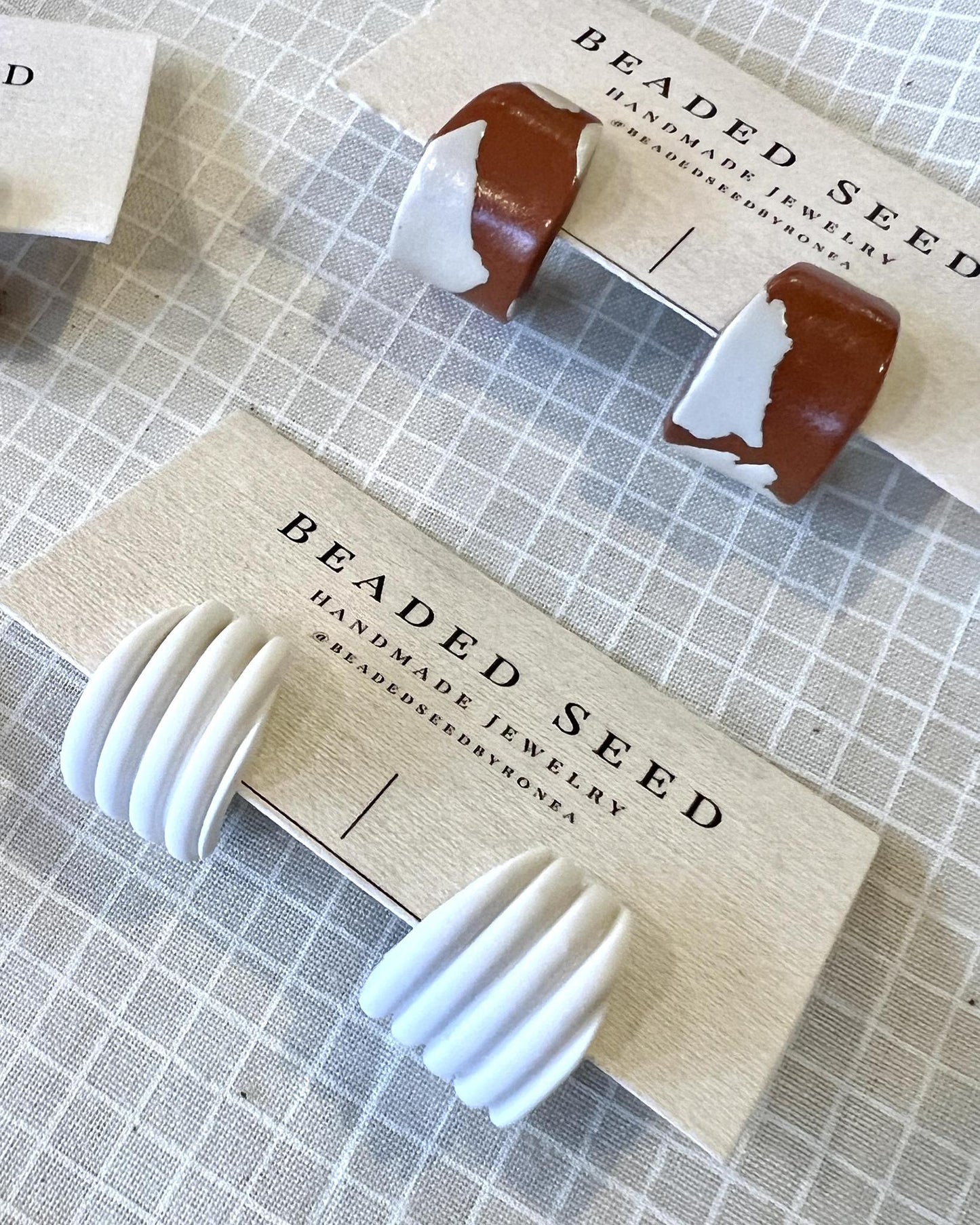 Beaded Seed by Ronea Maison Earrings - White Ridged Hoops