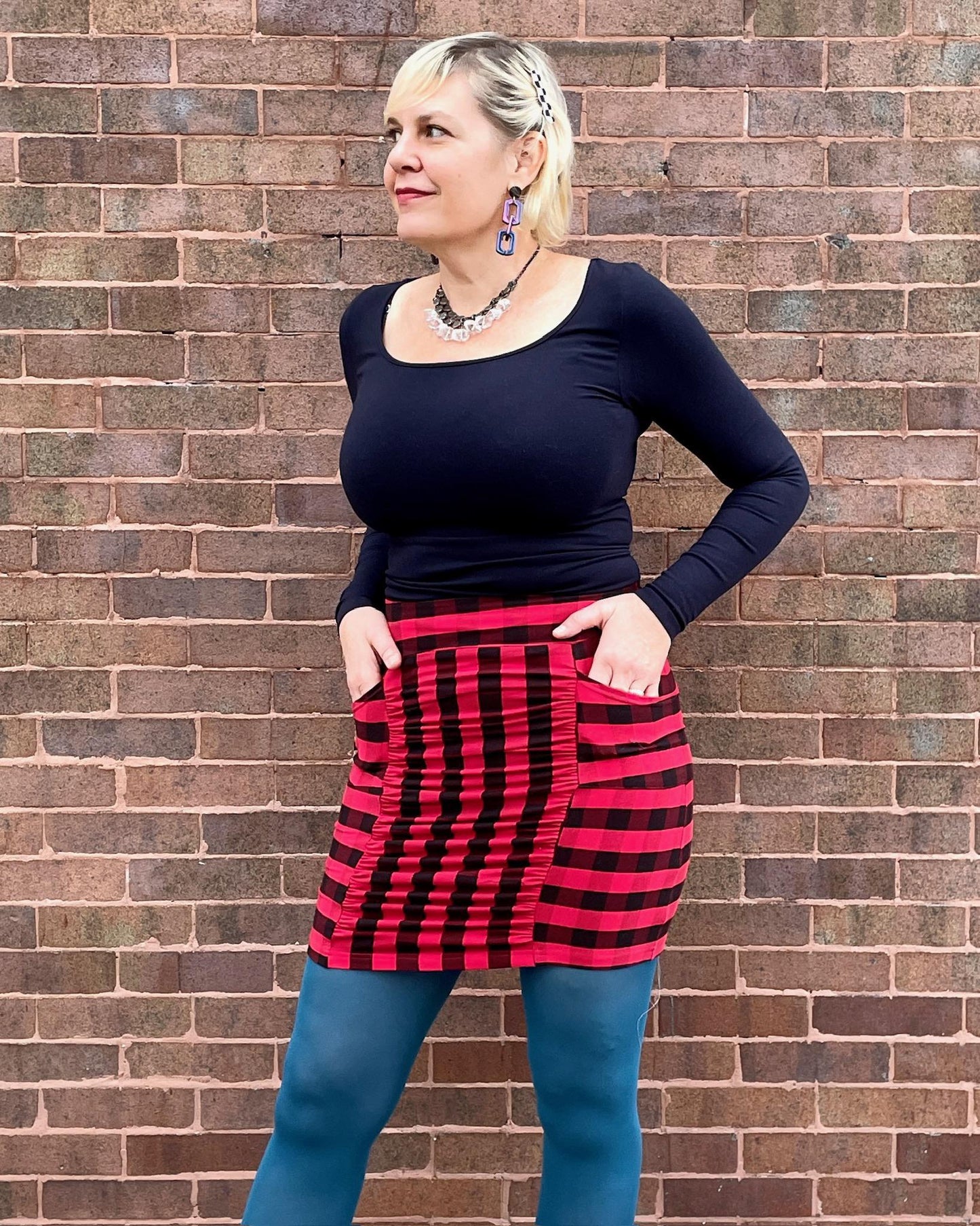 Squasht Ruched Mini Skirt In Red and Black Lumberjack Plaid - Size Small - SALE