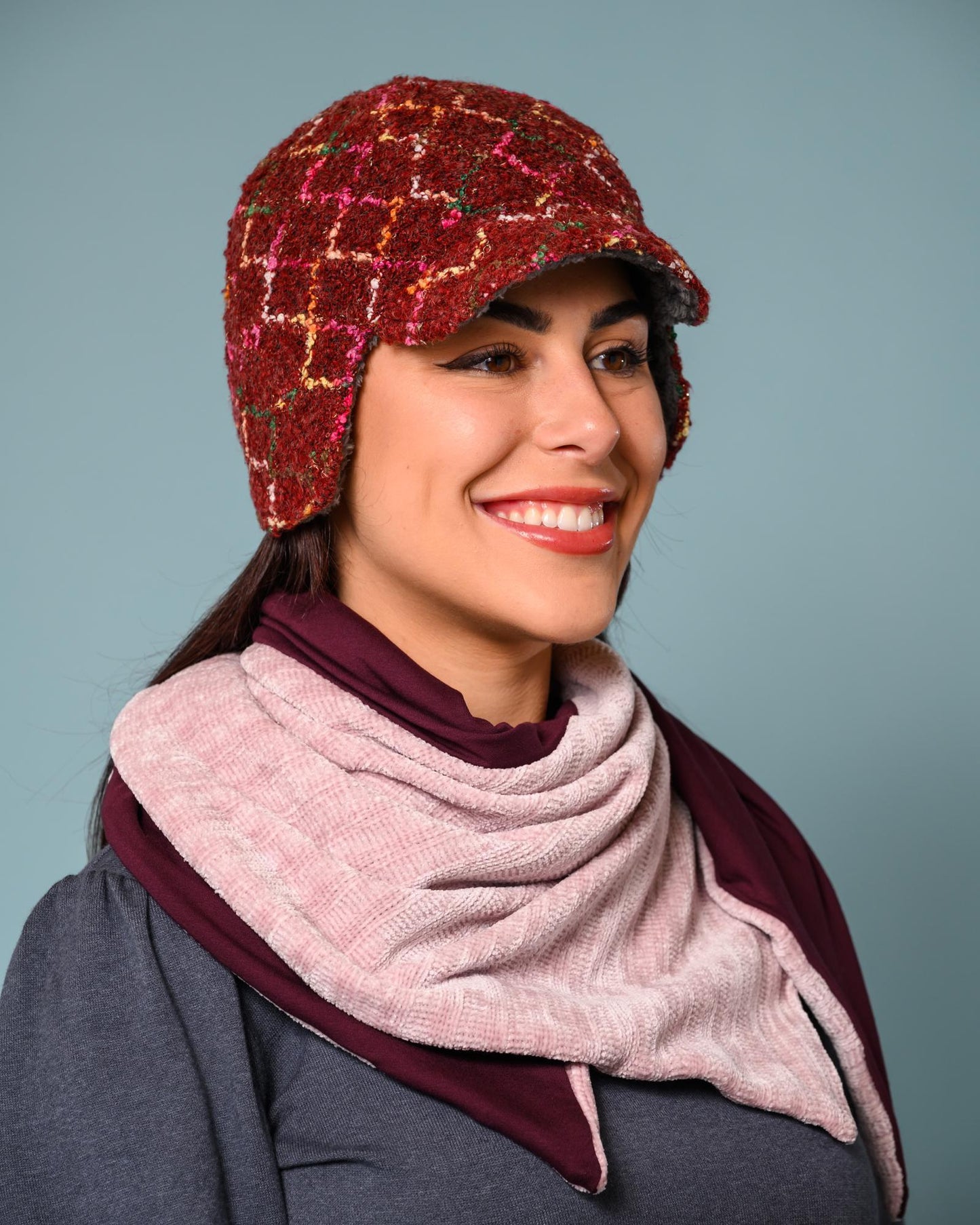 Squasht Darby Earflap Hat in Cranberry Boucle with Squiggly Pattern