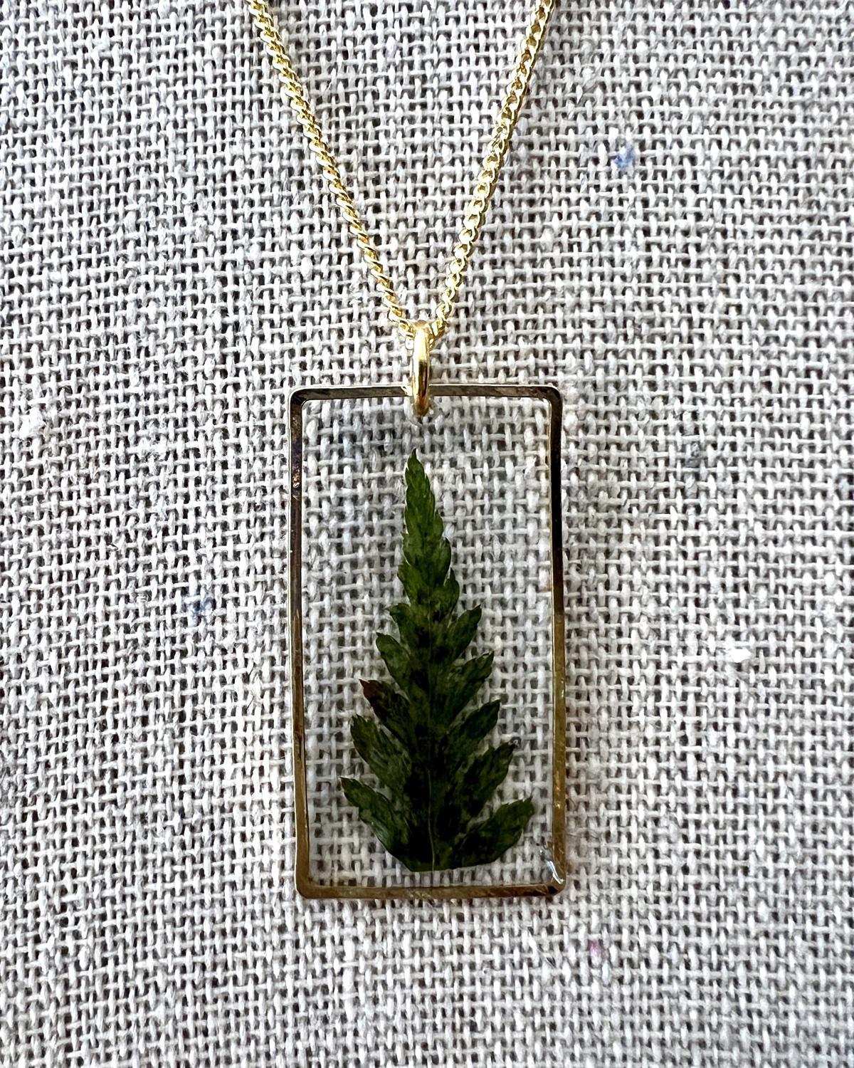 Pajaro Negro 18k Gold Fill Fern in Resin Pendant Necklace
