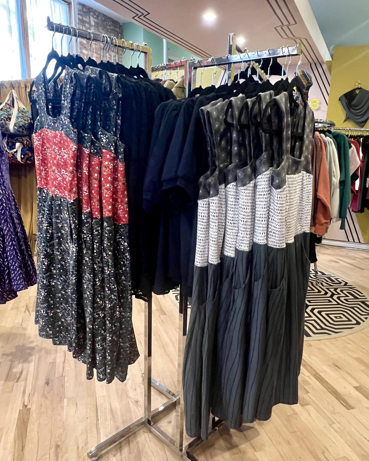 Squasht Wide Strap Dress in Scarlet and Midnight Ditsy Floral Prints