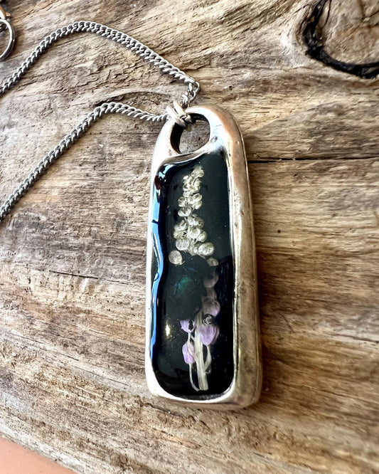 Pajaro Negro Long Silver Rectangle Beetle and Flora Pendant Necklace