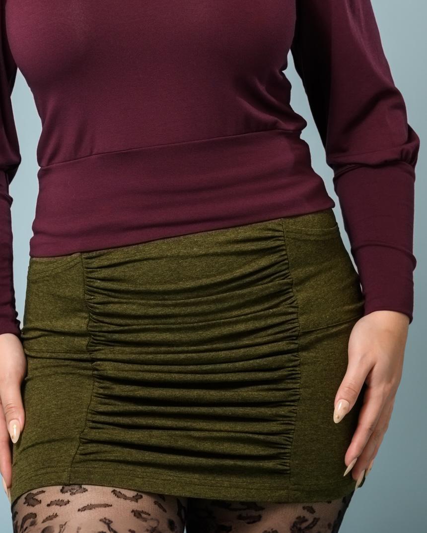 Squasht Ruched Mini Skirt in Olive Green