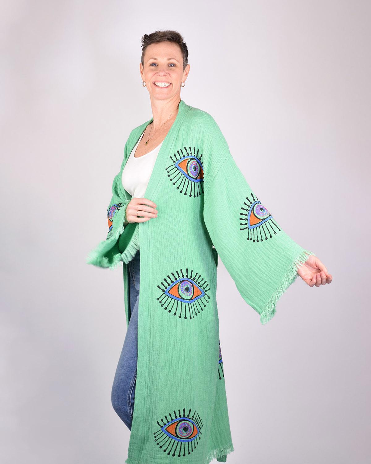 Txtile Luxury Turkish Cotton Evil Eye Kimono/Robe - Soft Jade