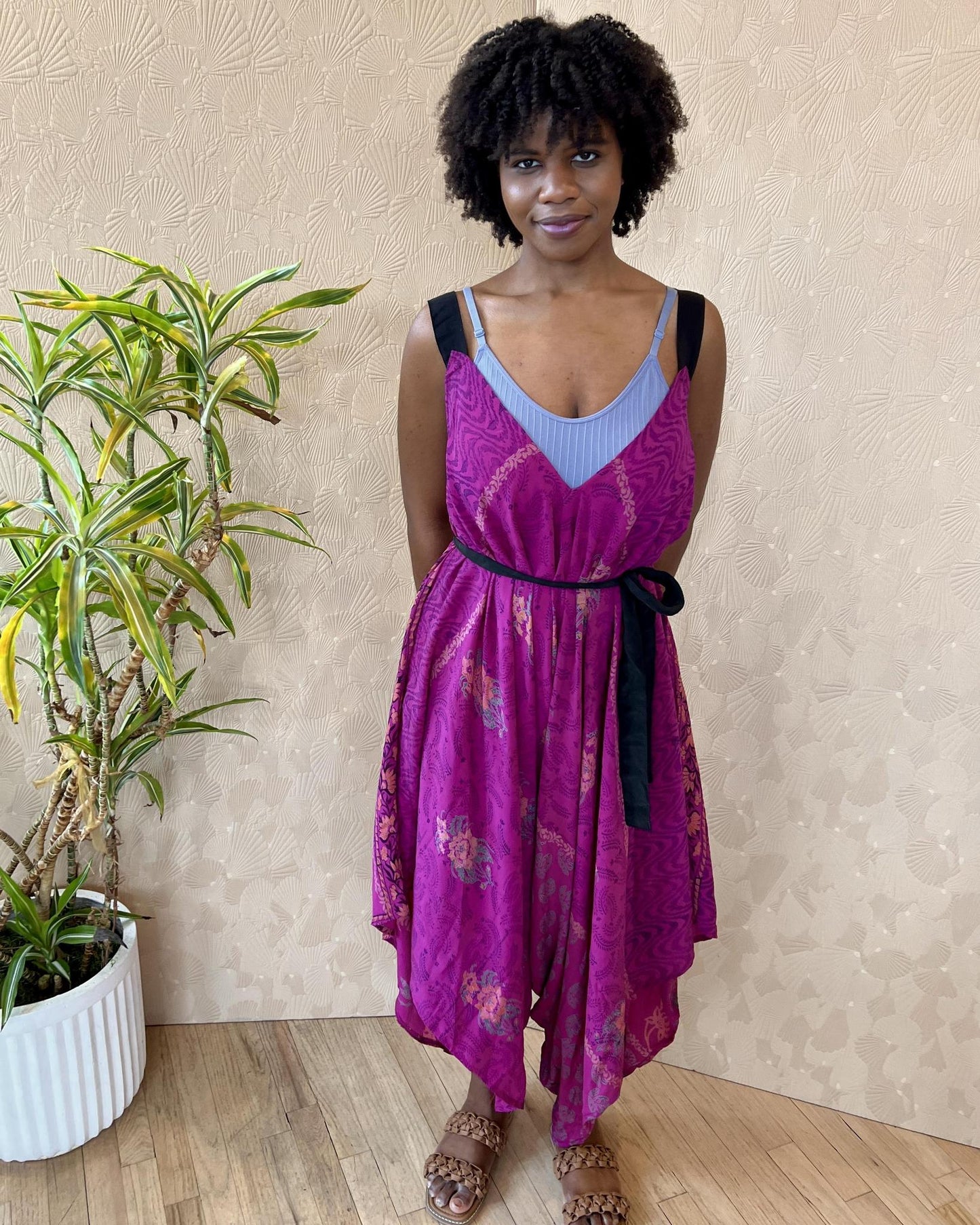 Indie Ella Zatanna Boho Silk Jumpsuit in Fuschia Flourish