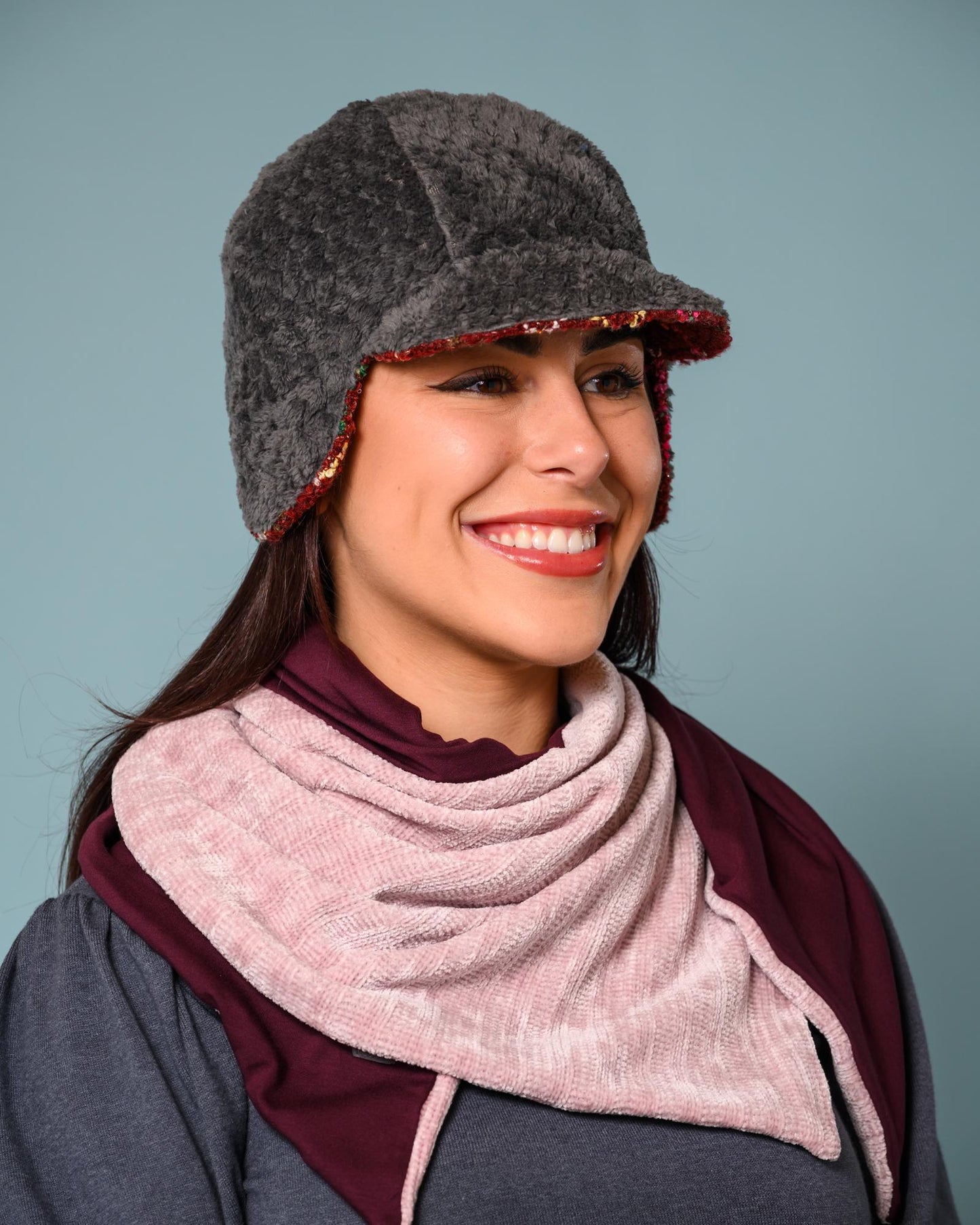 Squasht Darby Earflap Hat in Cranberry Boucle with Squiggly Pattern
