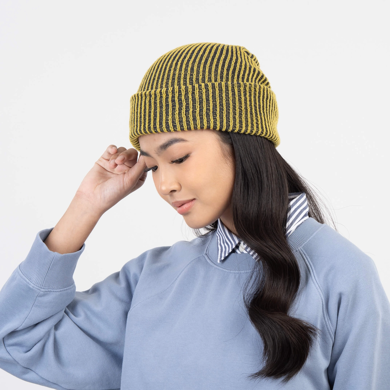 Verloop Simple Rib Knit Beanie Hat in Gold Olive Navy