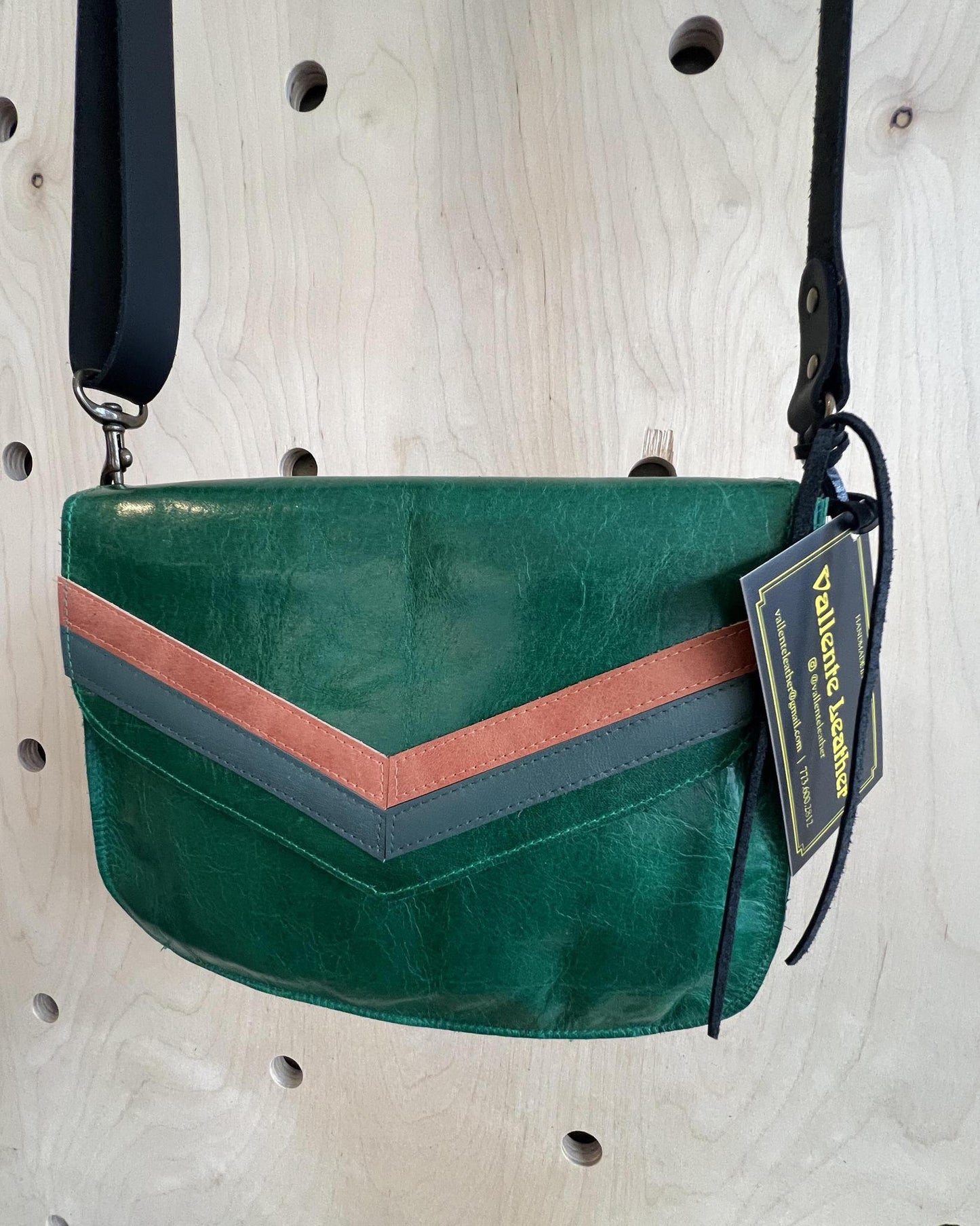 Vallente Leather Chevron Handbag - Vibrant Green Leather w/ Complimentary Chevrons