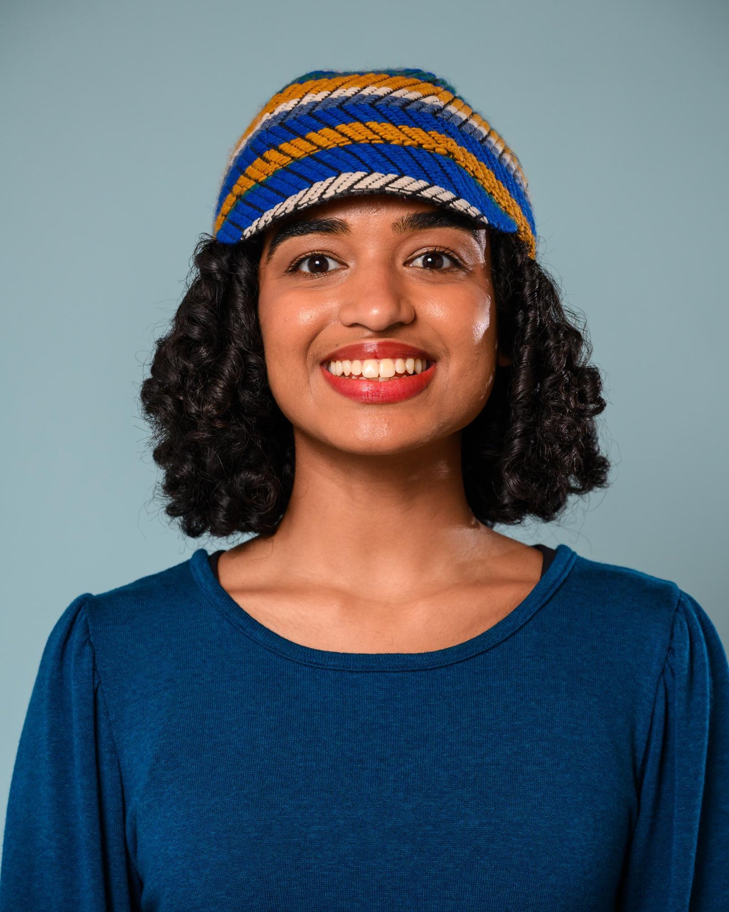 Squasht Reversible Bella Hat in Textured Blue & Gold & White Stripes