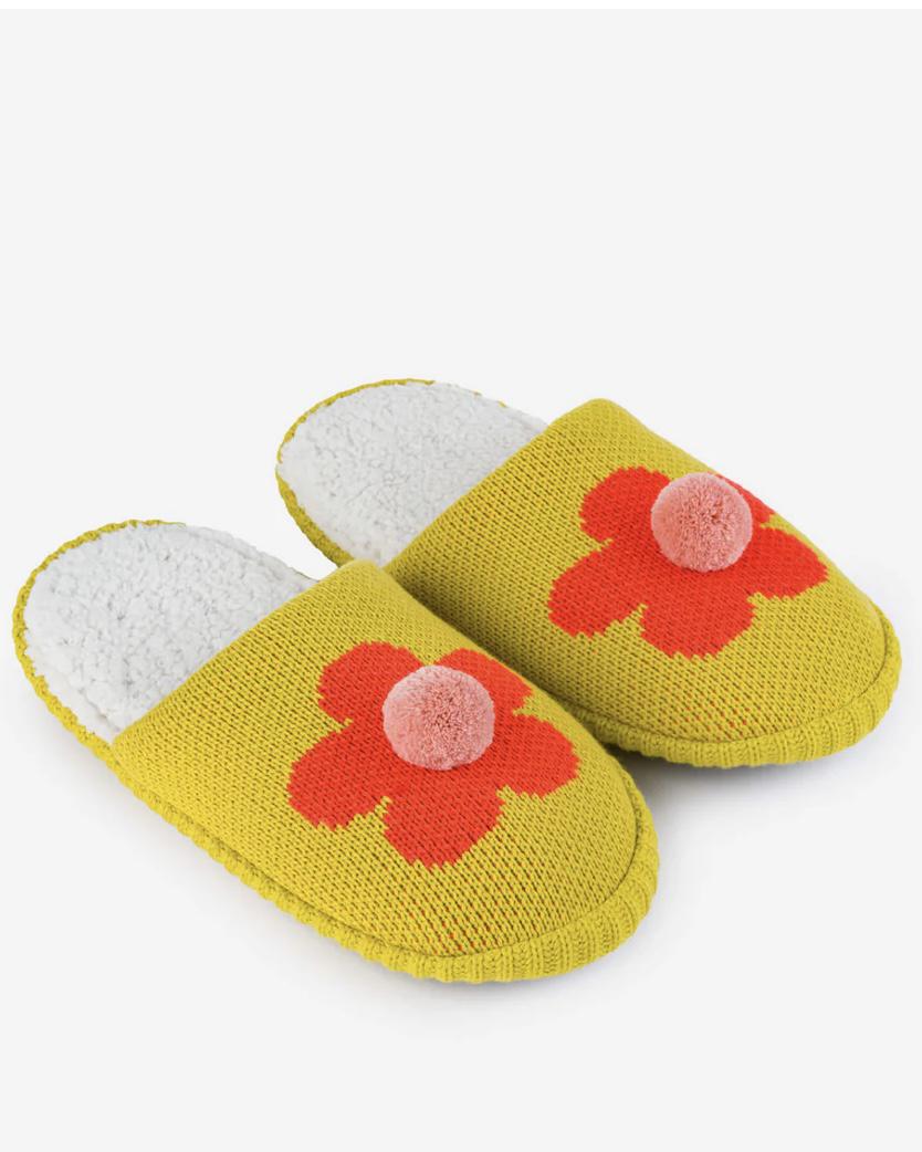 Verloop Flower Pom Slide Slippers in Golden Olive - Size Large/XL