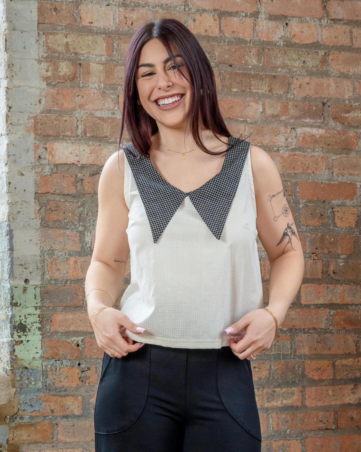 Squasht 70s Collared Tank in White Grid Print with Black Grid Collar