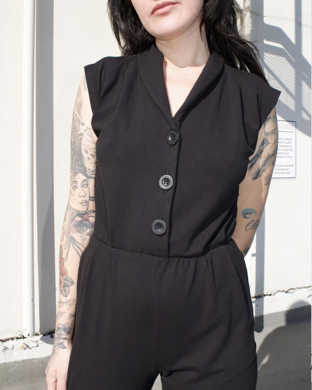 Black Button Down Jumpsuit with Pockets