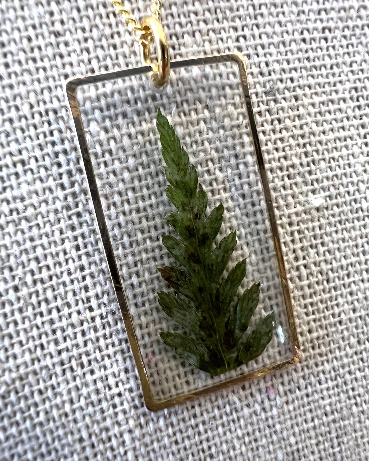 Pajaro Negro 18k Gold Fill Fern in Resin Pendant Necklace