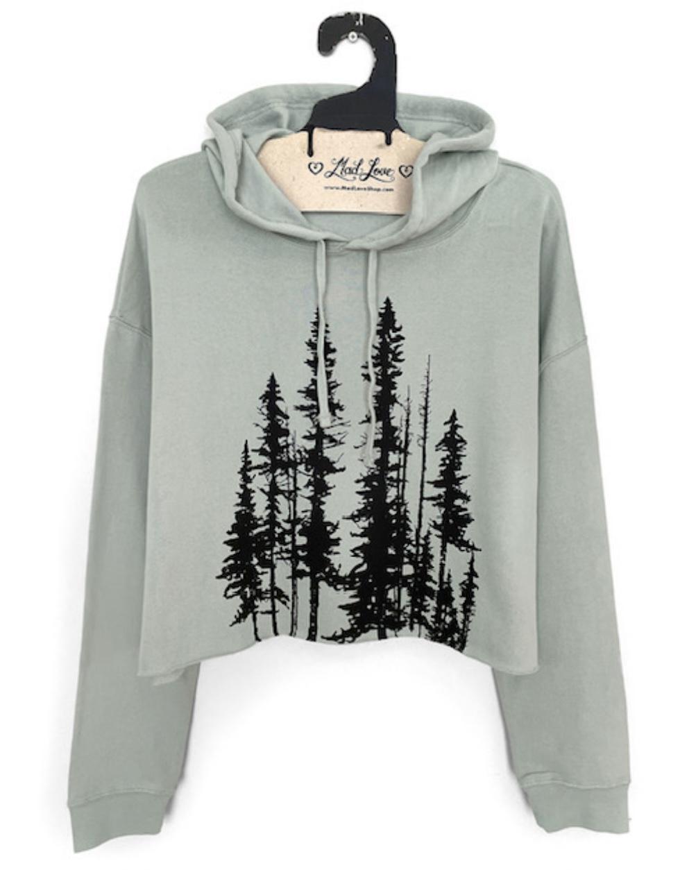 Mad Love Sage Crop Pullover Hoodie with Evergreen Print