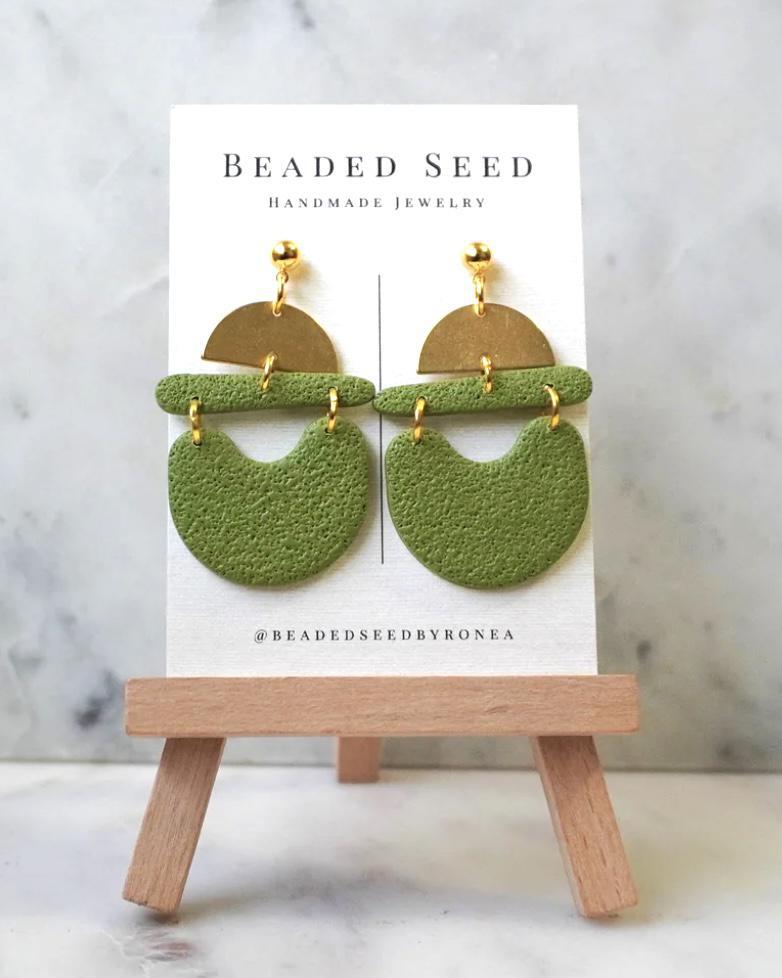 Beaded Seed by Ronea Peach Earrings in Spanish Olive