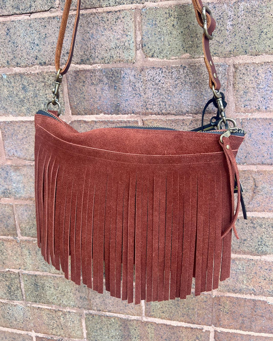 Vallente Leather Fringe Handbag in Deep Rust