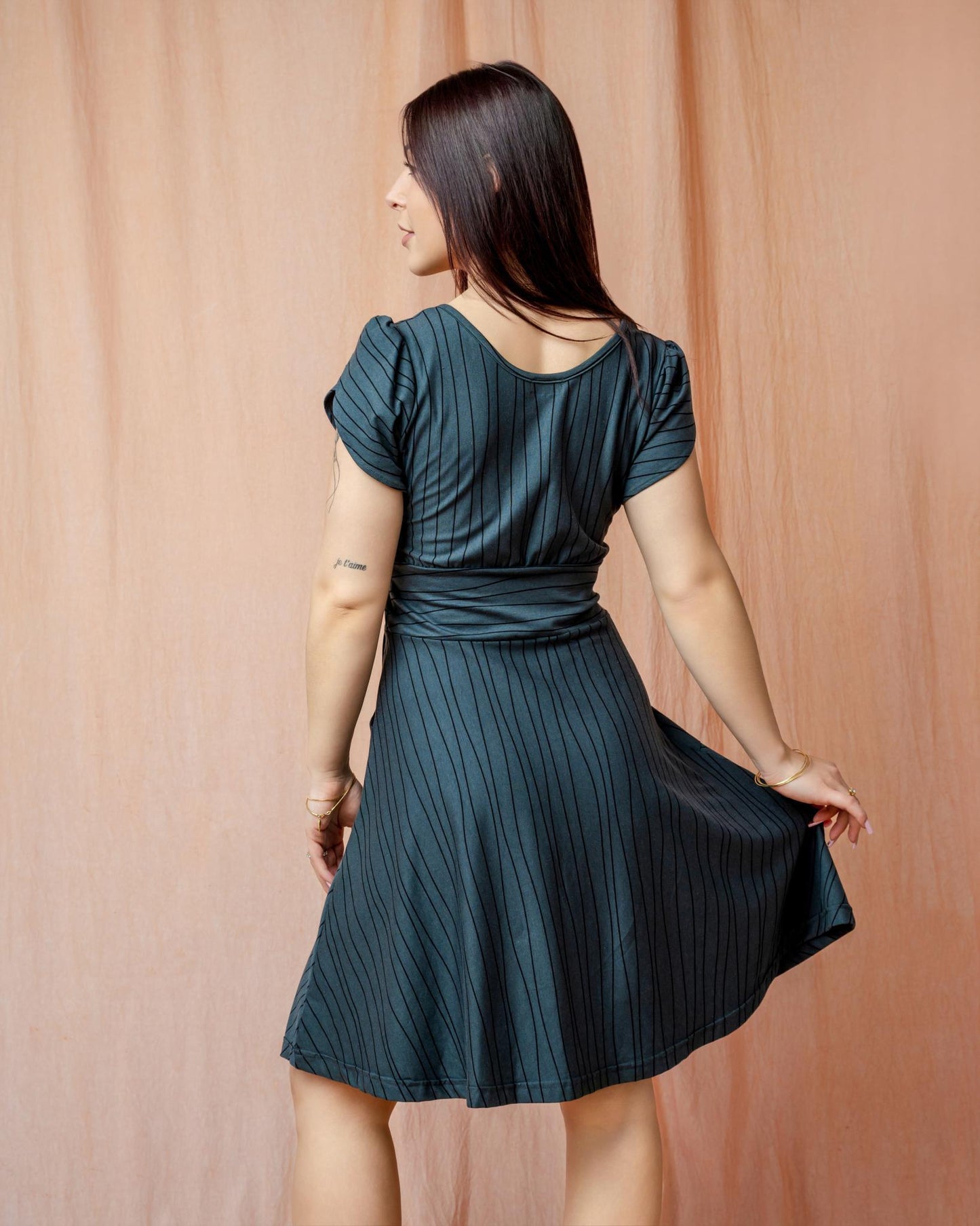 Squasht Petal Sleeve Dress in Gray Lines Print