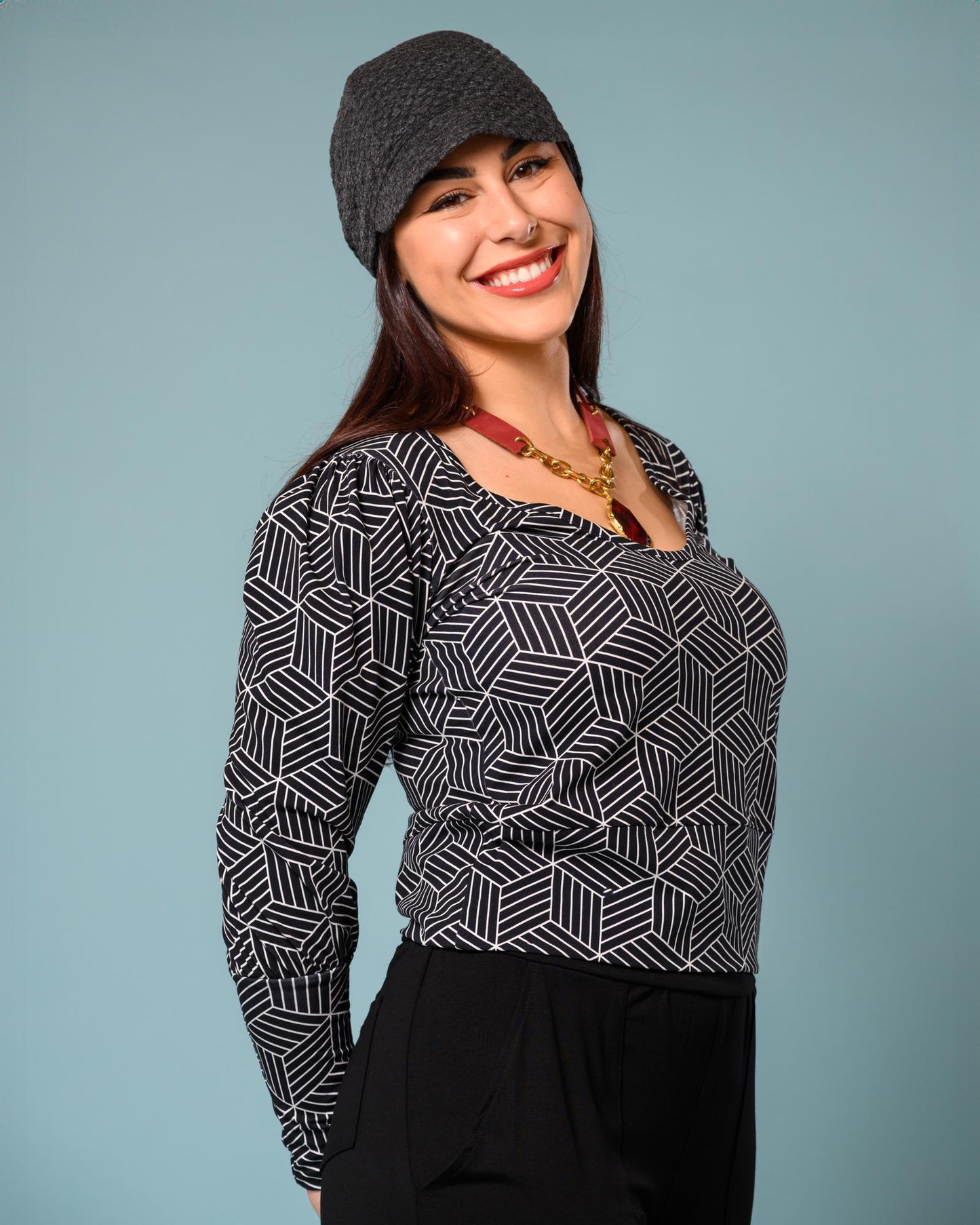 Squasht Debbie Top Black and White Linear Block Print - SALE