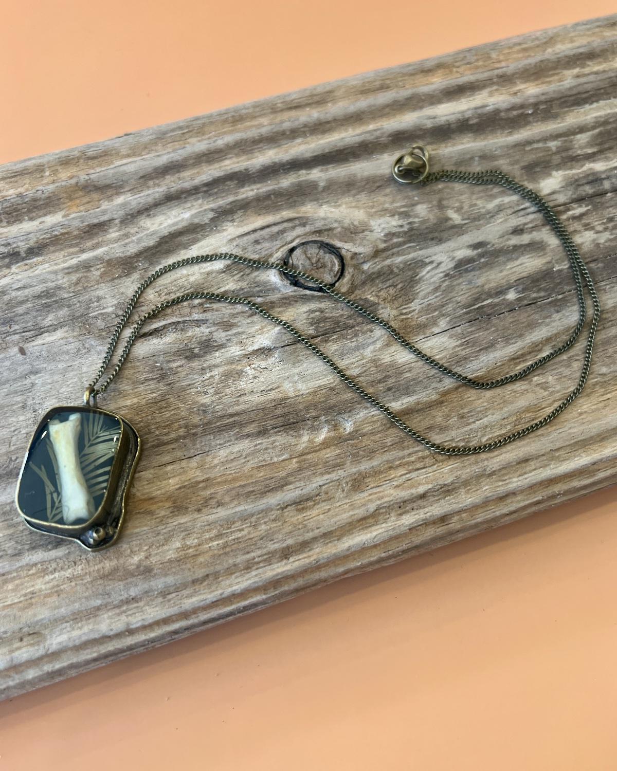 Pajaro Negro Coyote Bone Fern Brass Rectangular Pendant Necklace