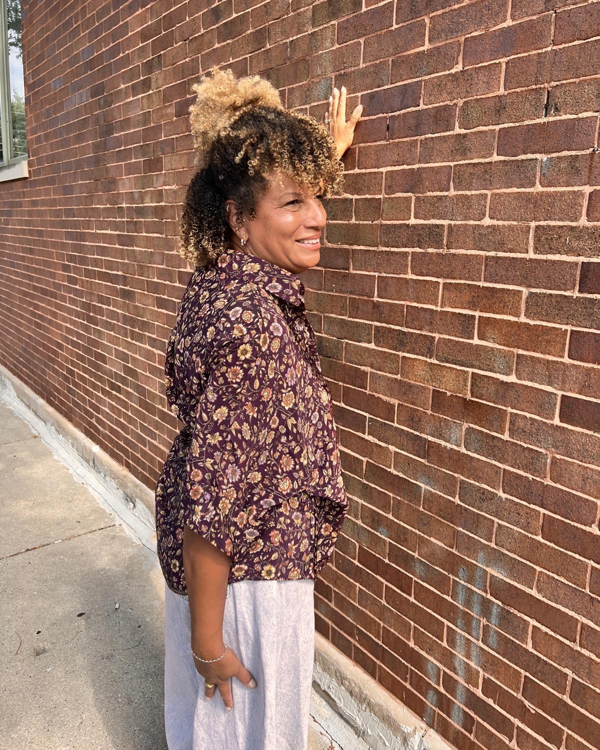 Indie Ella Moorea Silk Button Down Shirt in Deep Plum with Floral Motif