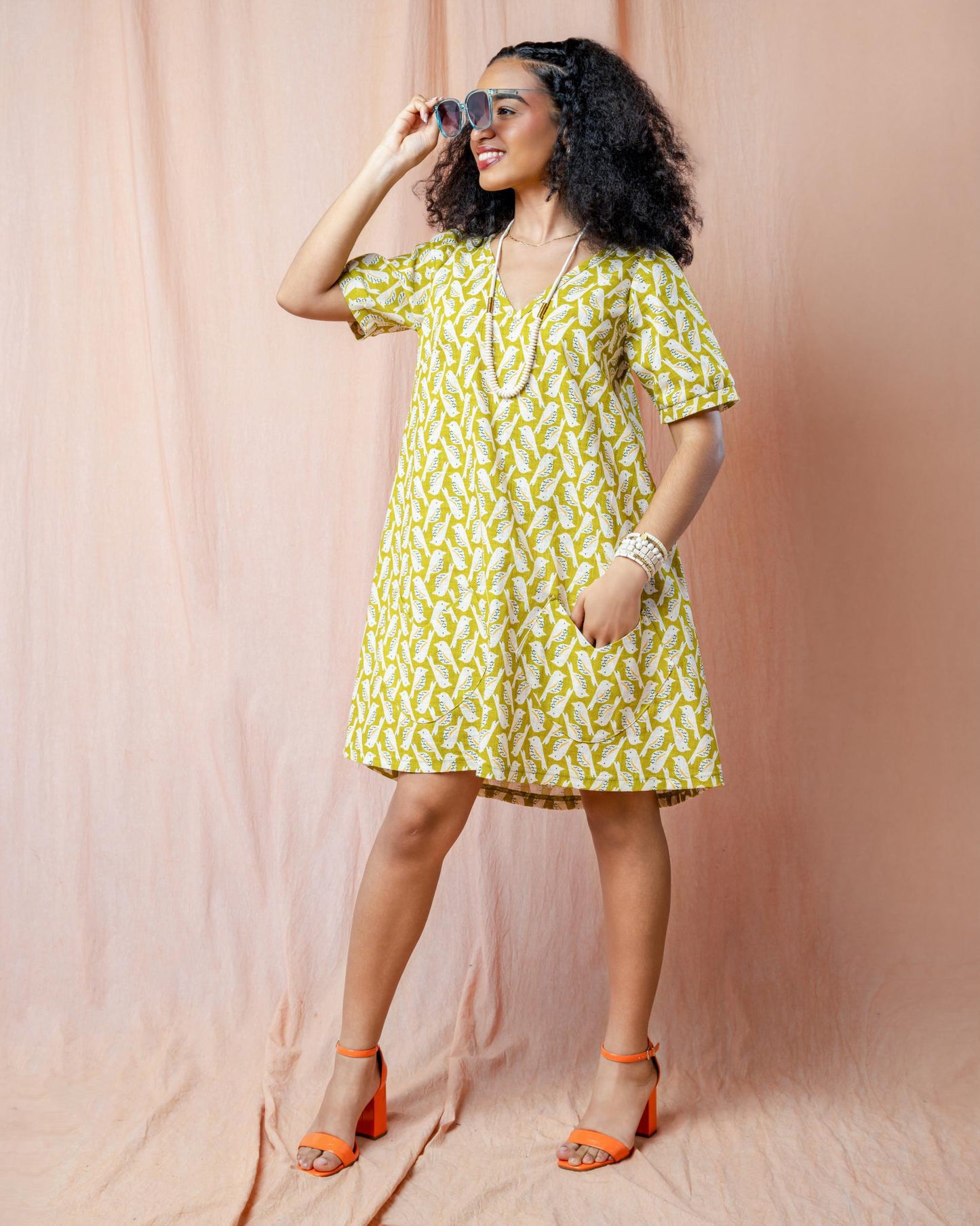 Squasht Winifred Dress Chartreuse Cotton Poplin Birds Print 🦜