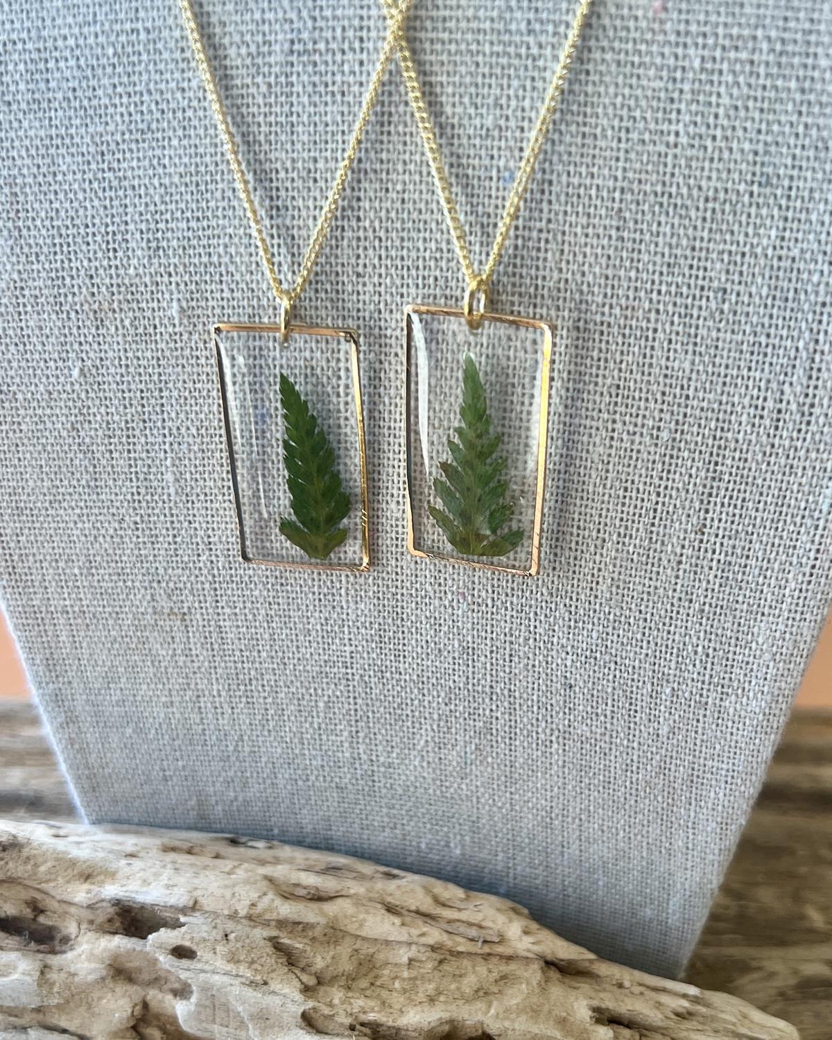 Pajaro Negro 18k Gold Fill Fern in Resin Pendant Necklace