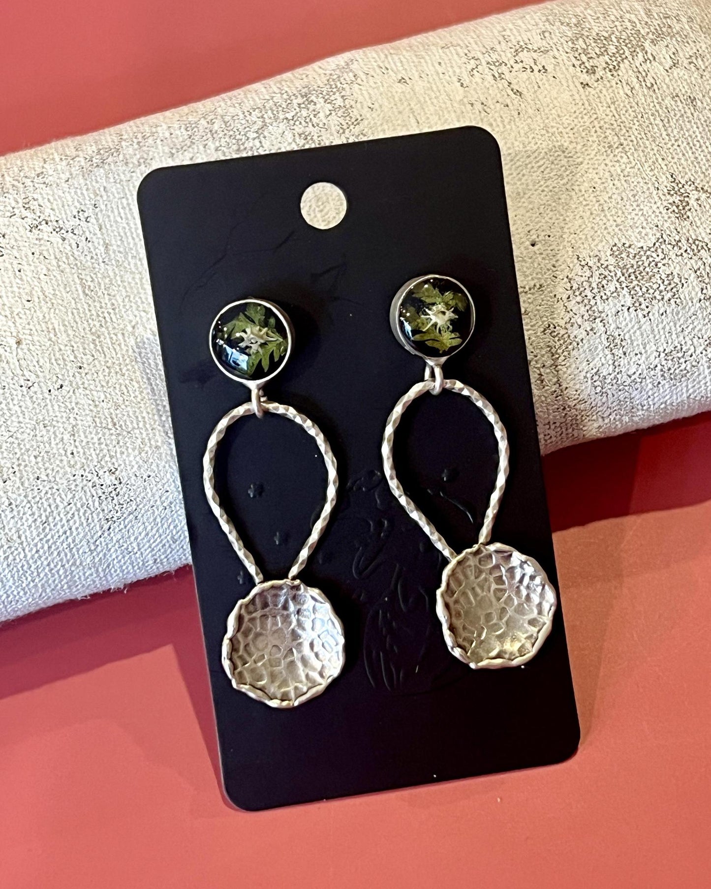 Pajaro Negro Hammered Circle Earrings w/ Python Vertebrae and Ferns