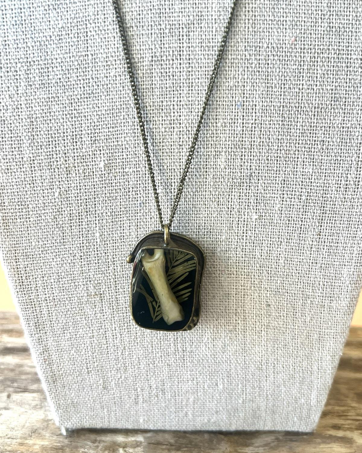 Pajaro Negro Coyote Bone Fern Brass Rectangular Pendant Necklace