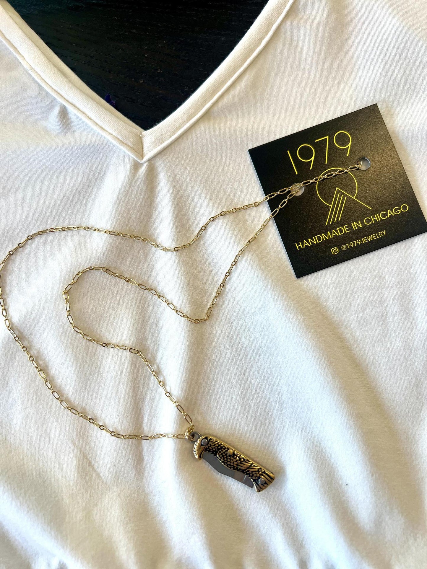 1979 Jewelry Knife Necklace 1.5 inch Eagle on 24kt Gold Plated Chain