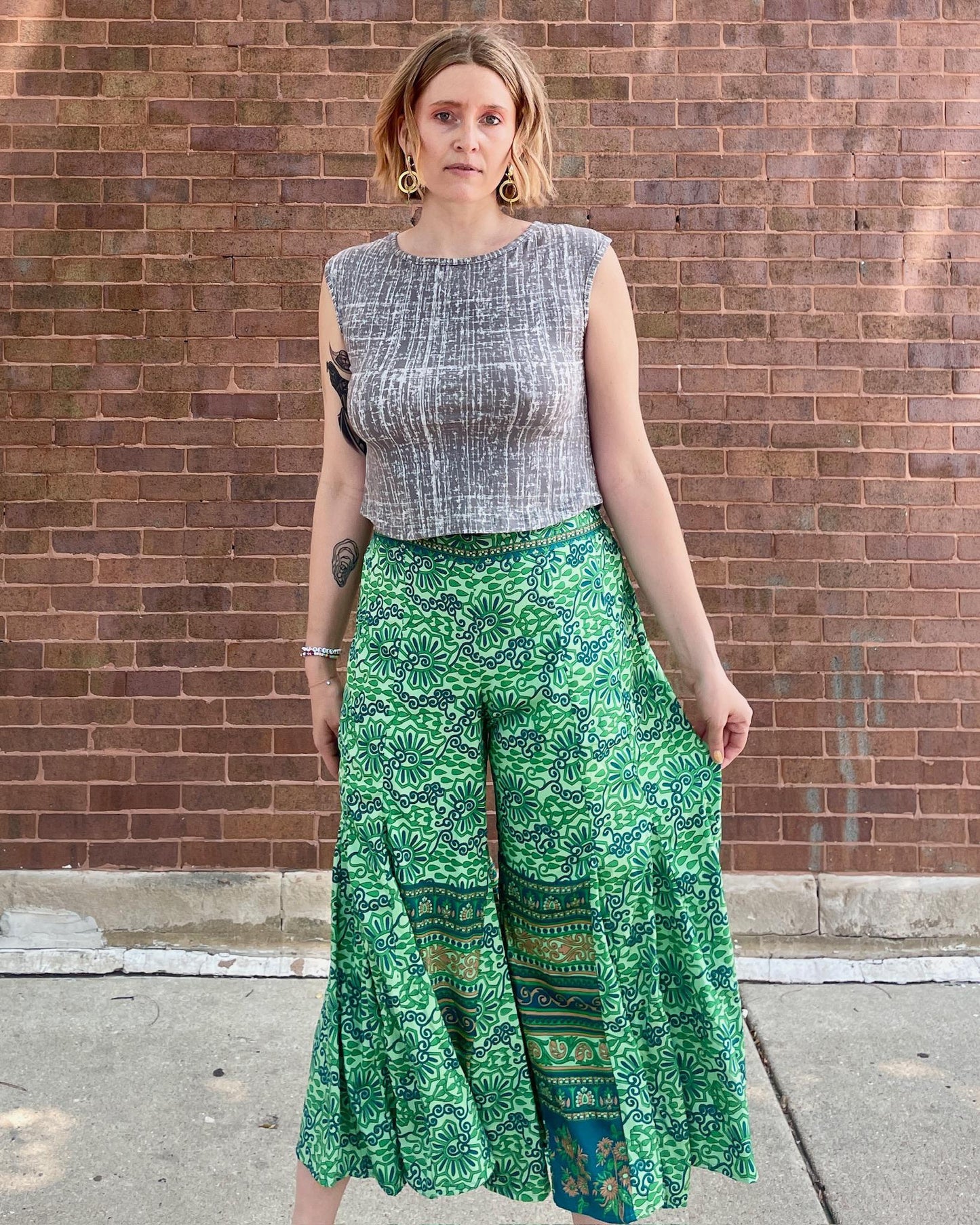 Indie Ella Marlee Bohemian Silk Flared Pants In Mint Green - Size Medium/Large