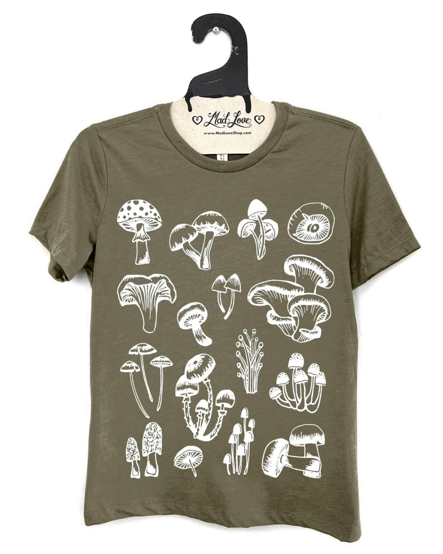 Mad Love Heather Olive Relaxed Crew Tee Mushrooms - size Small, 2XL