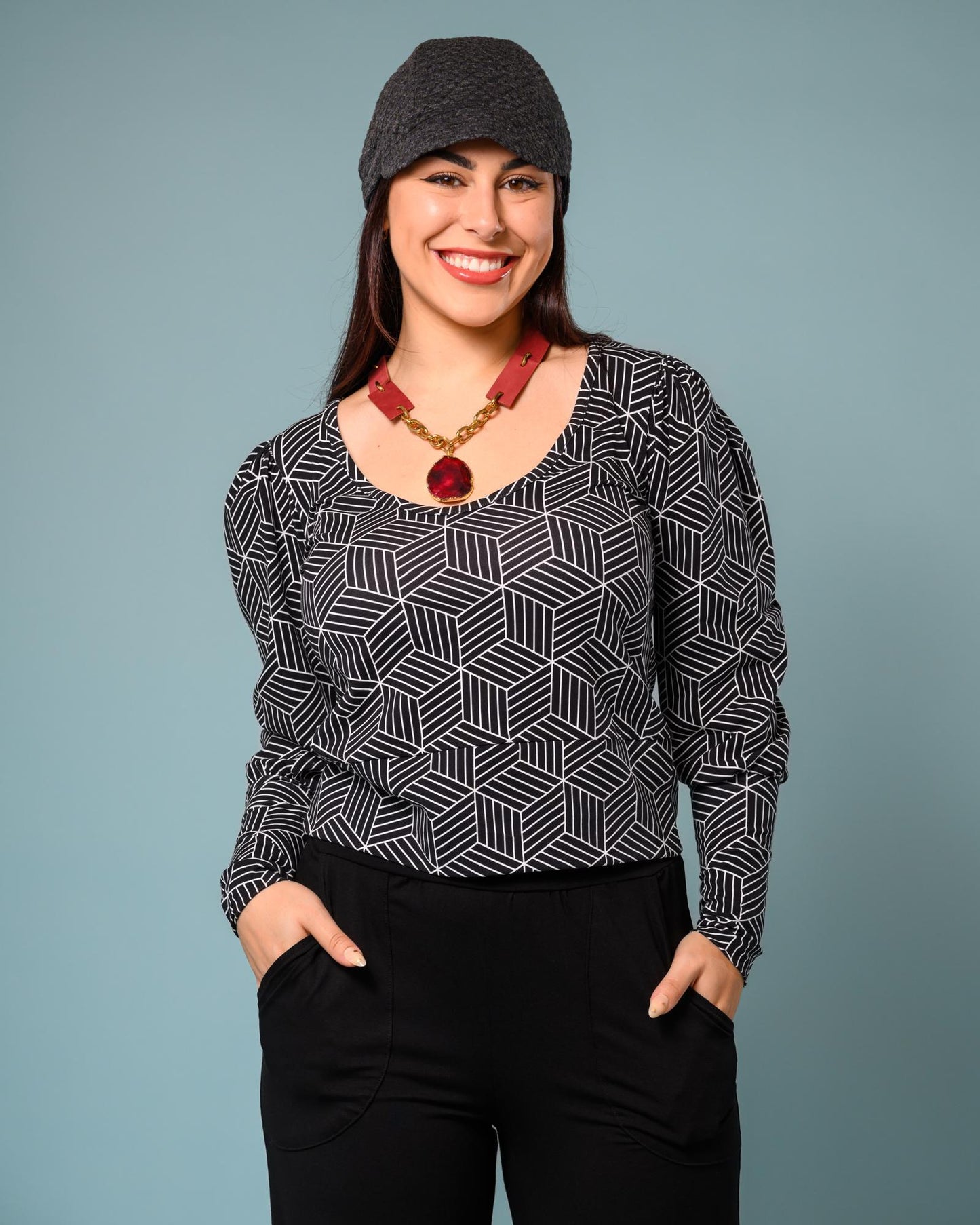 Squasht Debbie Top Black and White Linear Block Print - SALE