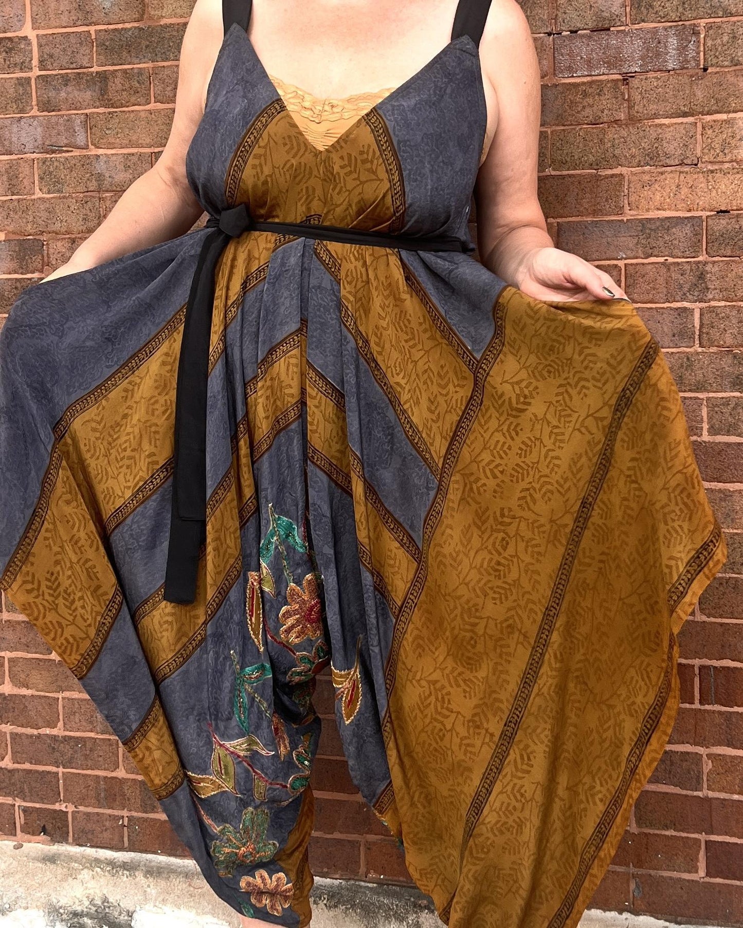 Indie Ella Zatanna Boho Silk Jumpsuit in Slate & Earth