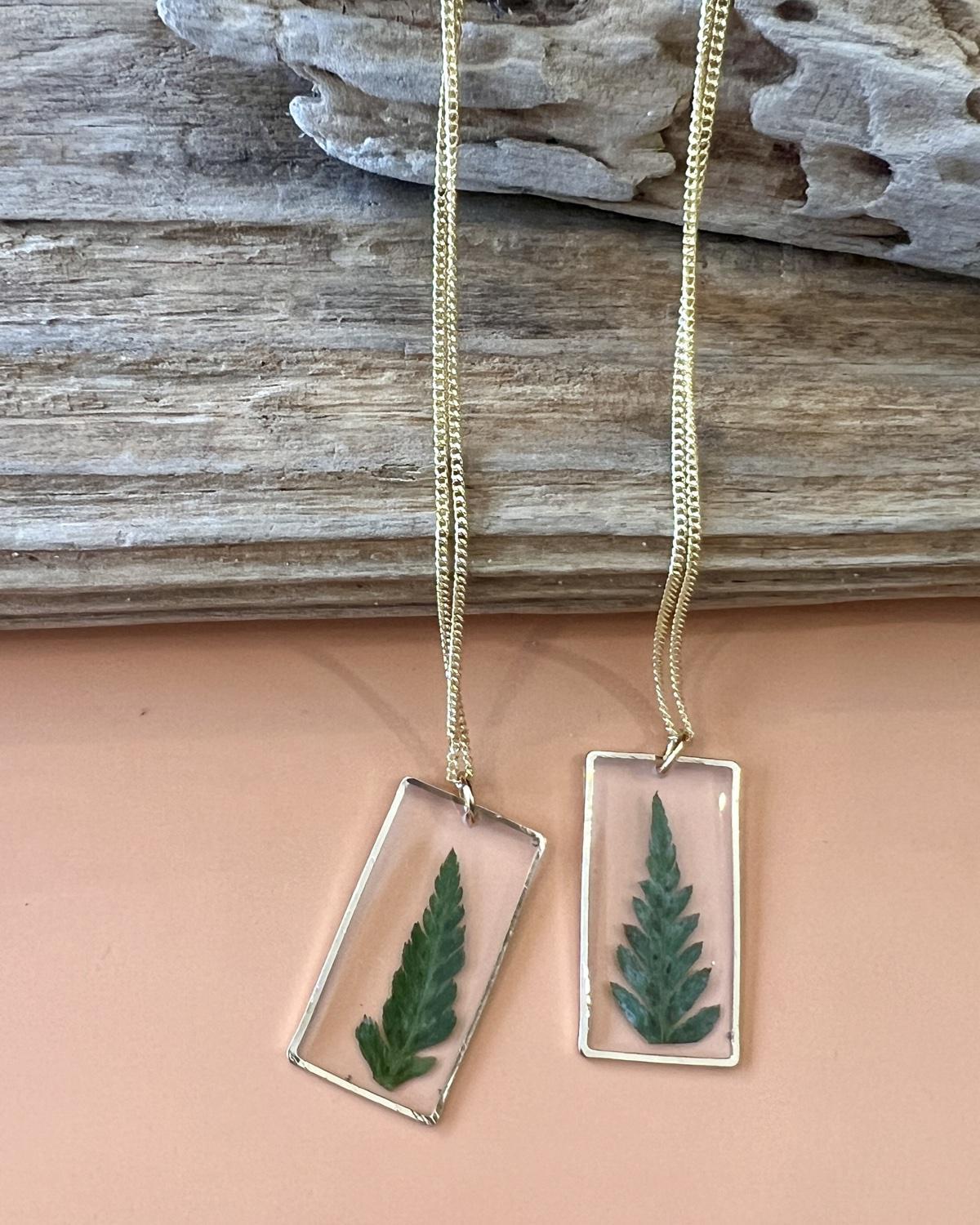 Pajaro Negro 18k Gold Fill Fern in Resin Pendant Necklace