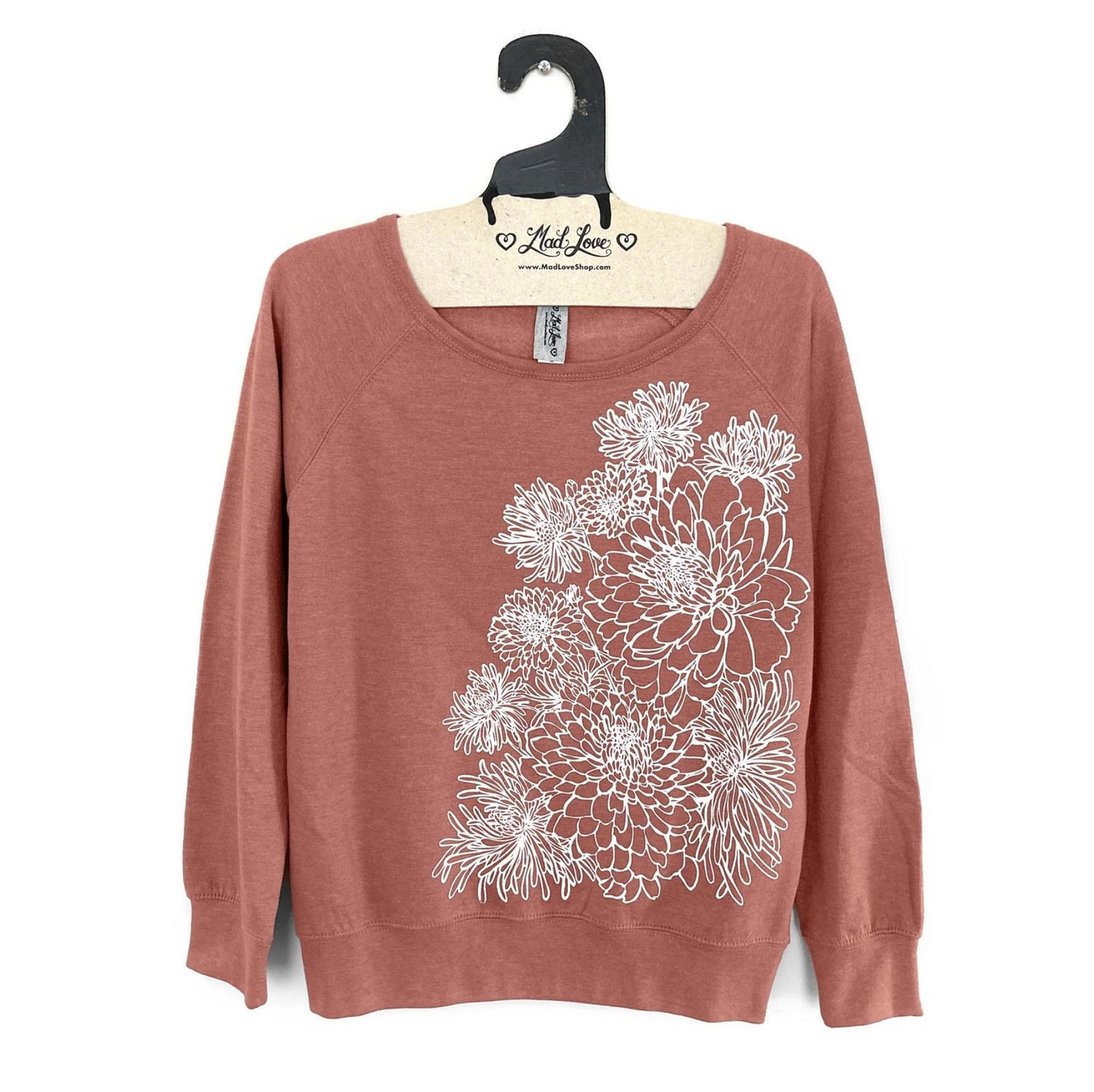 Mad Love Blush Fleece Raglan with Chrysanthemums Screen Print - Small